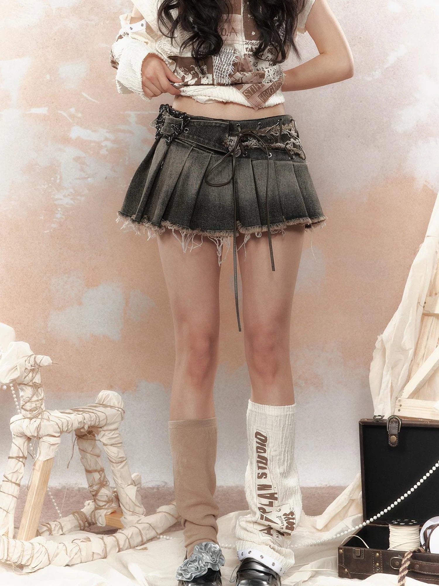 Steampunk Rivet Studded Denim Mini Skirt