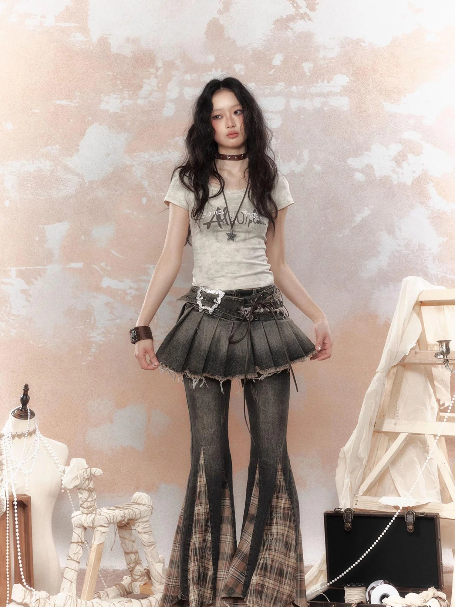 Steampunk Rivet Studded Denim Mini Skirt