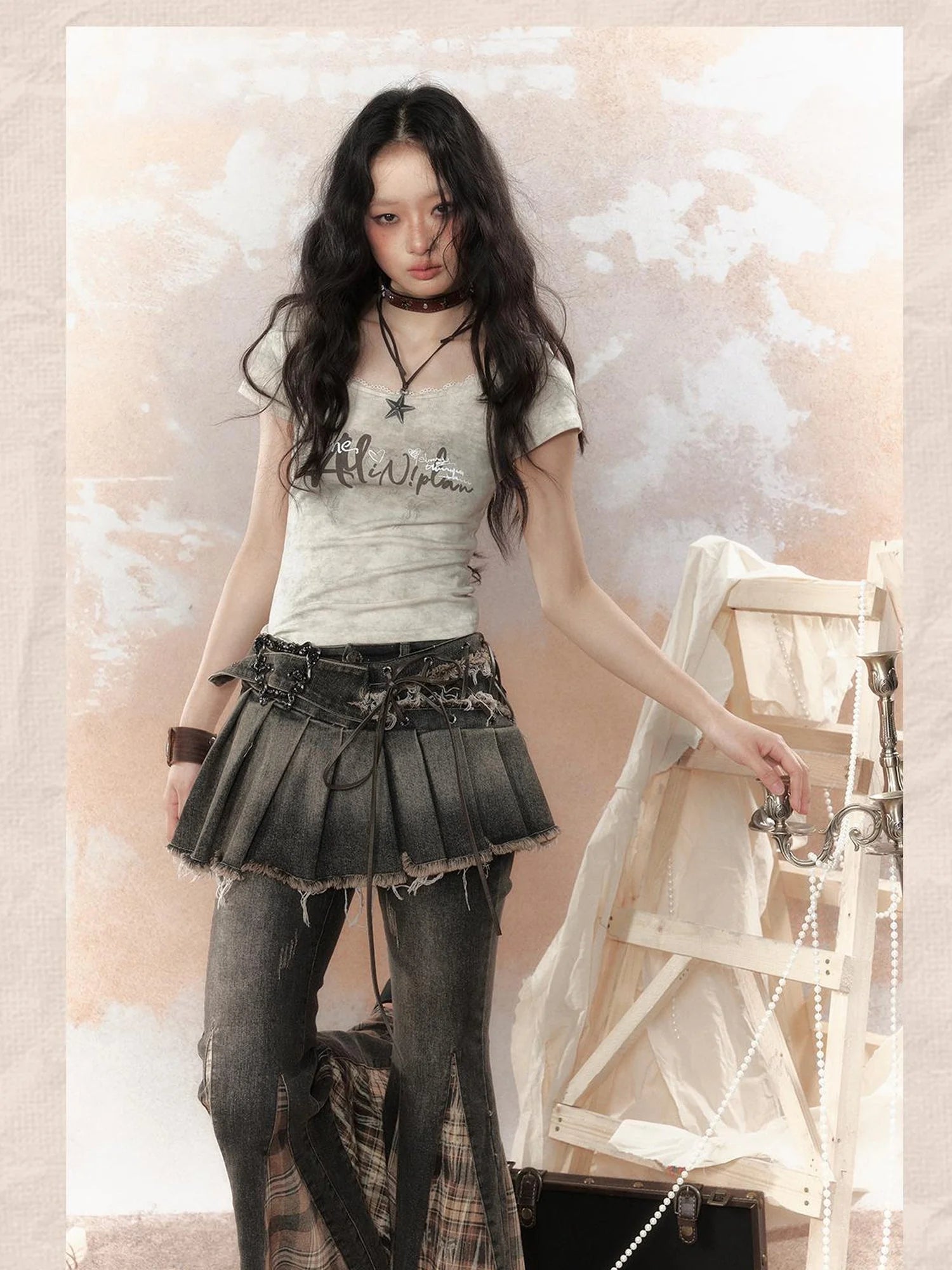 Steampunk Rivet Studded Denim Mini Skirt