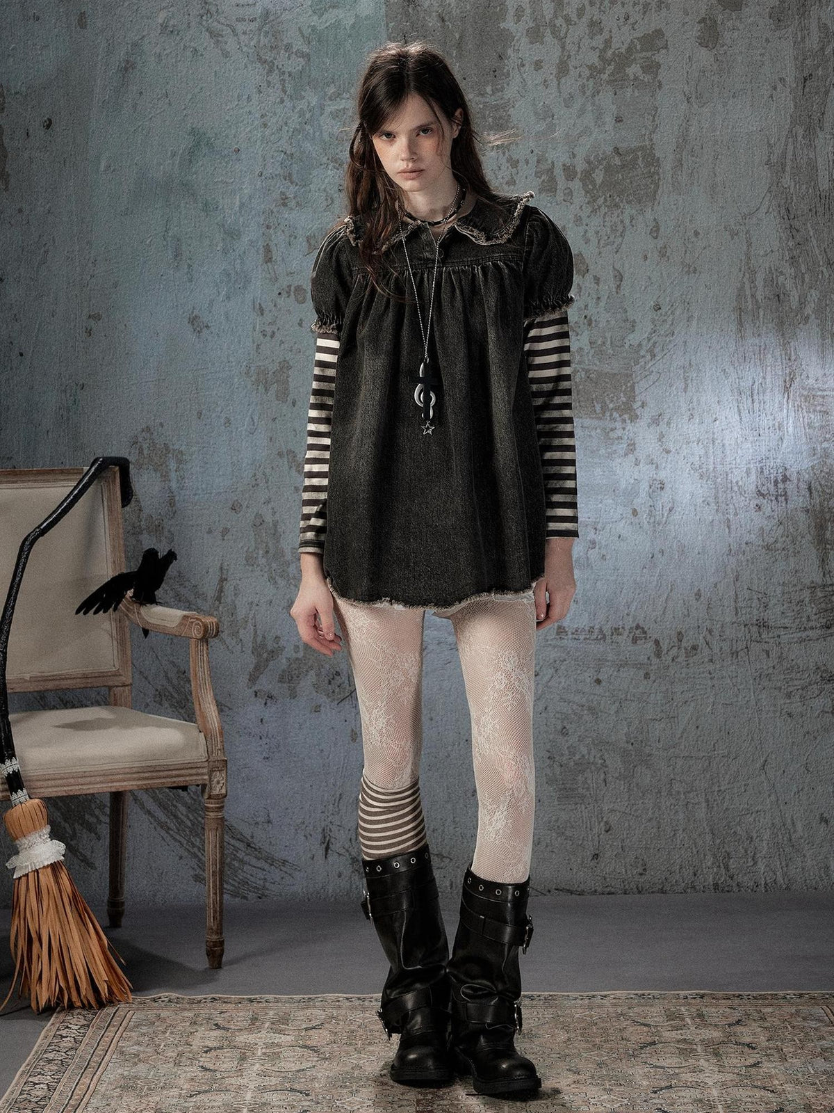 ALL iN plan Striped Denim Patchwork Doll Collar Distressed Women&