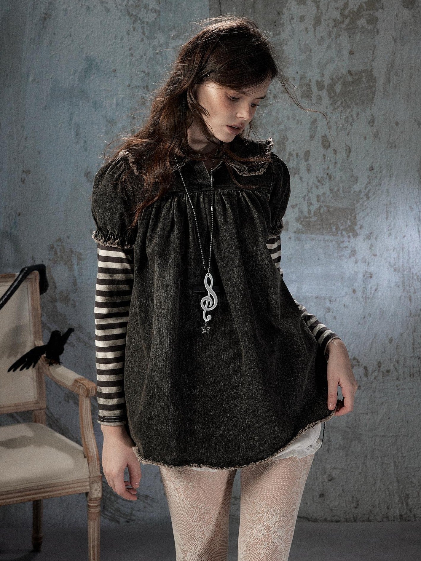 ALL iN plan Striped Denim Patchwork Doll Collar Distressed Women&