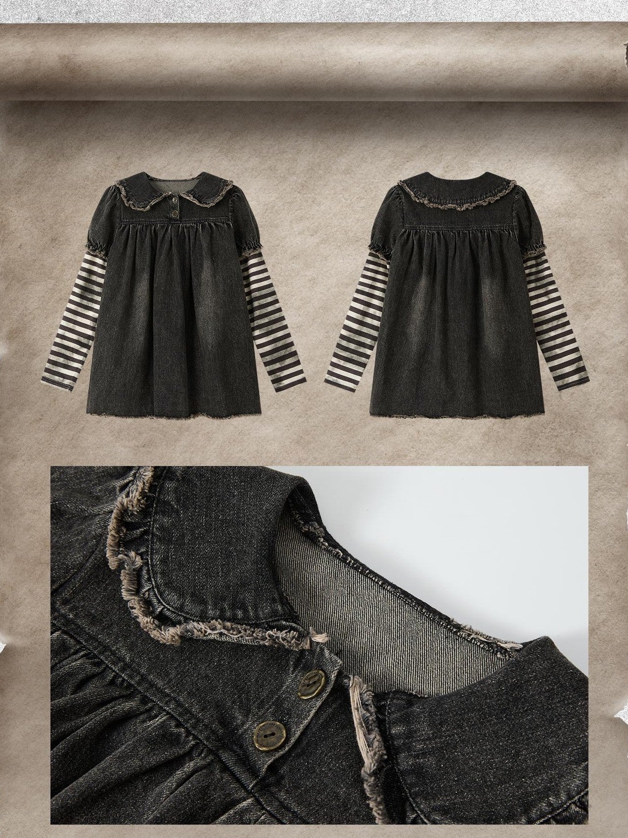 ALL iN plan Striped Denim Patchwork Doll Collar Distressed Women&