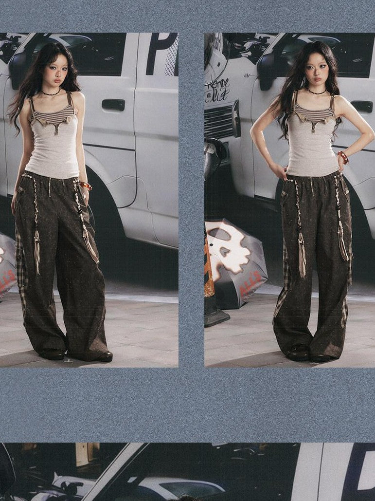 ALL iN plan Striped Retro Faux Waist Cinched U Neck Women&