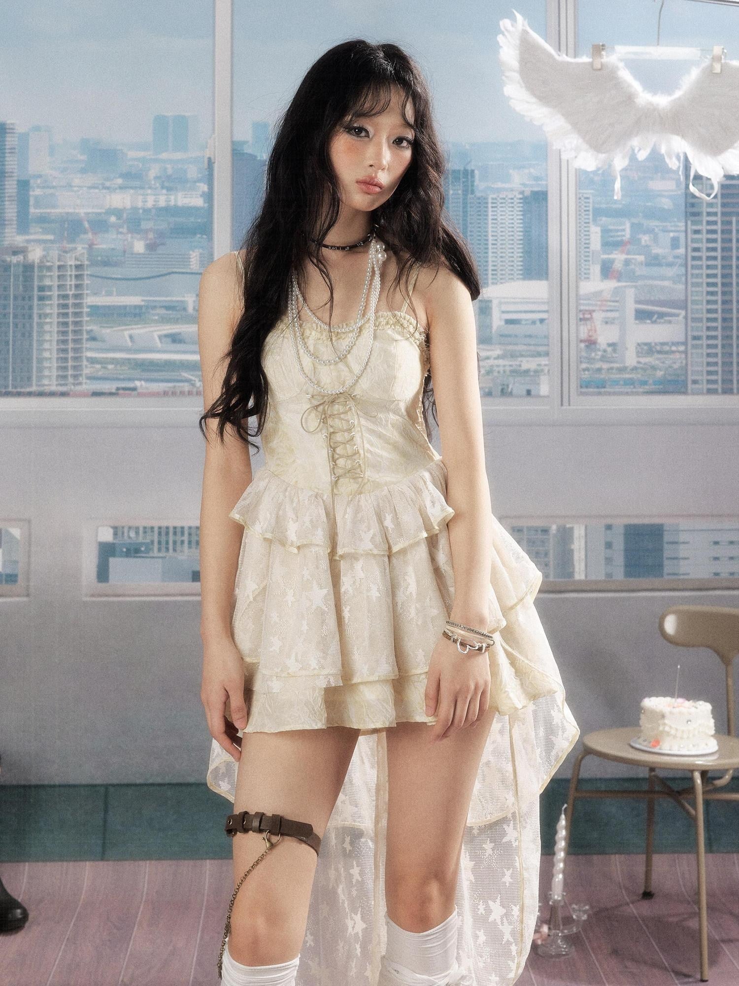 ALL iN plan Sweet Ivory Slim Cami Round Neck Puff Skirt Casual Slip Mini Dresses