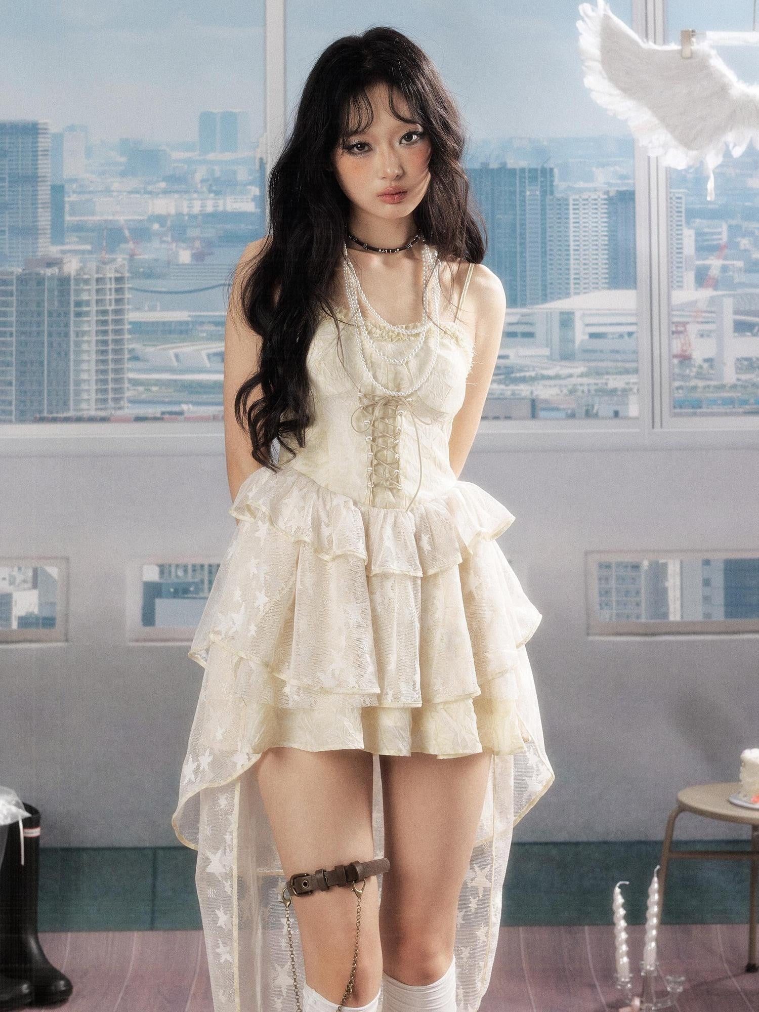 ALL iN plan Sweet Ivory Slim Cami Round Neck Puff Skirt Casual Slip Mini Dresses