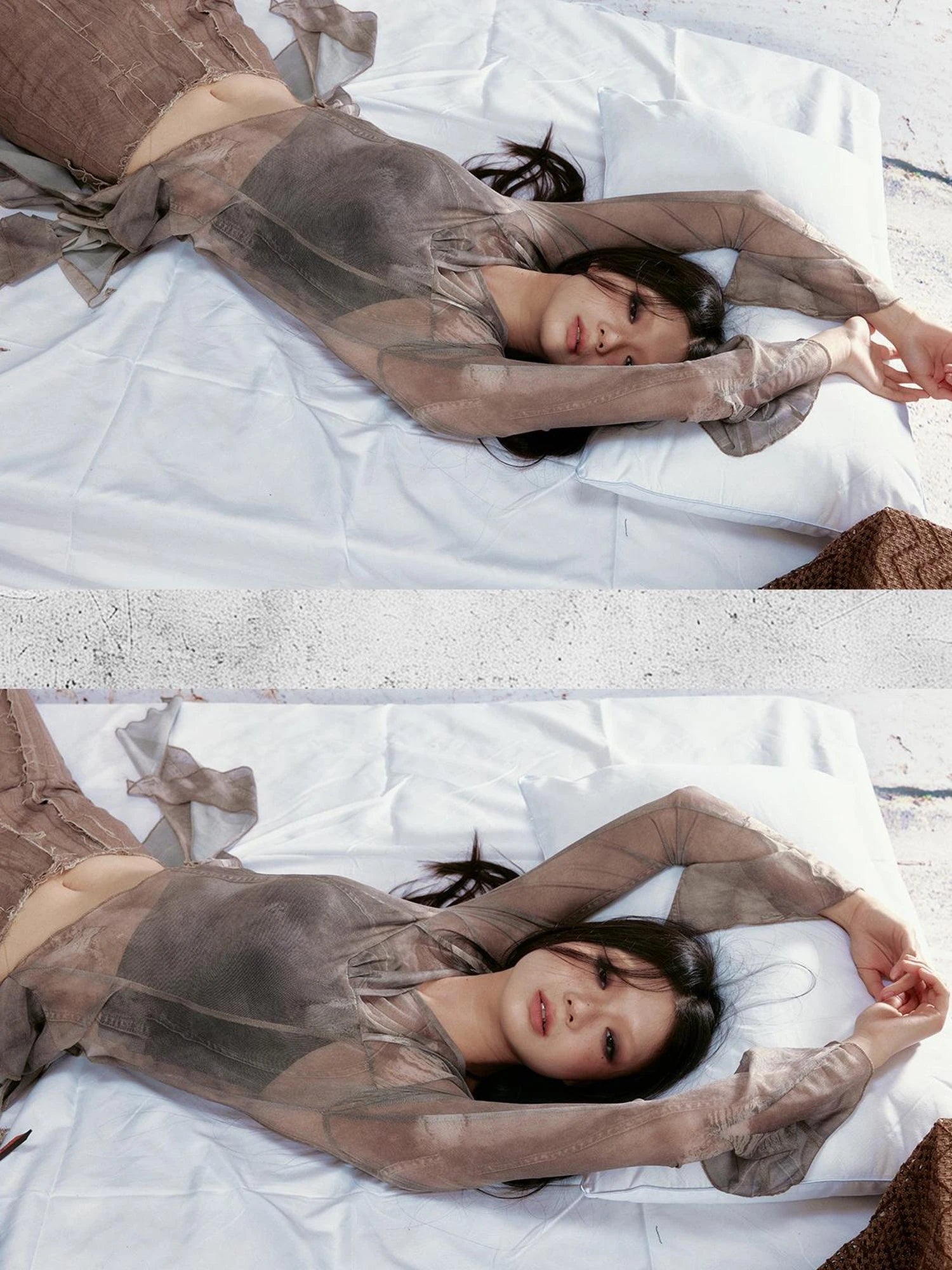 Tear Stained Lace Trim Sheer Mesh Top