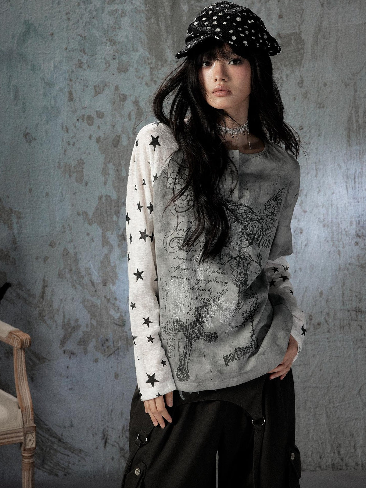 ALL iN plan Tie Dye Printed Raglan Faux Layered Women&