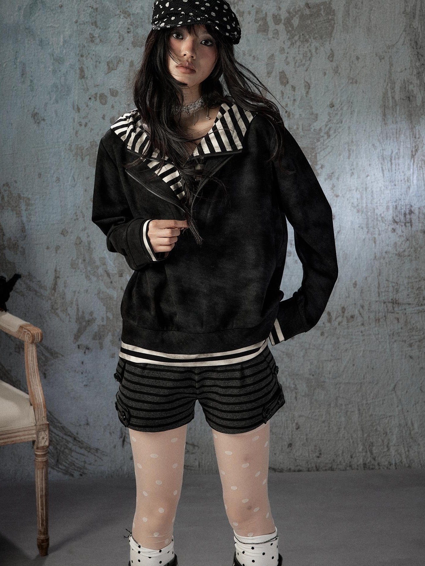 ALL iN plan Tie Dye Striped Half Zipper Loose Women&