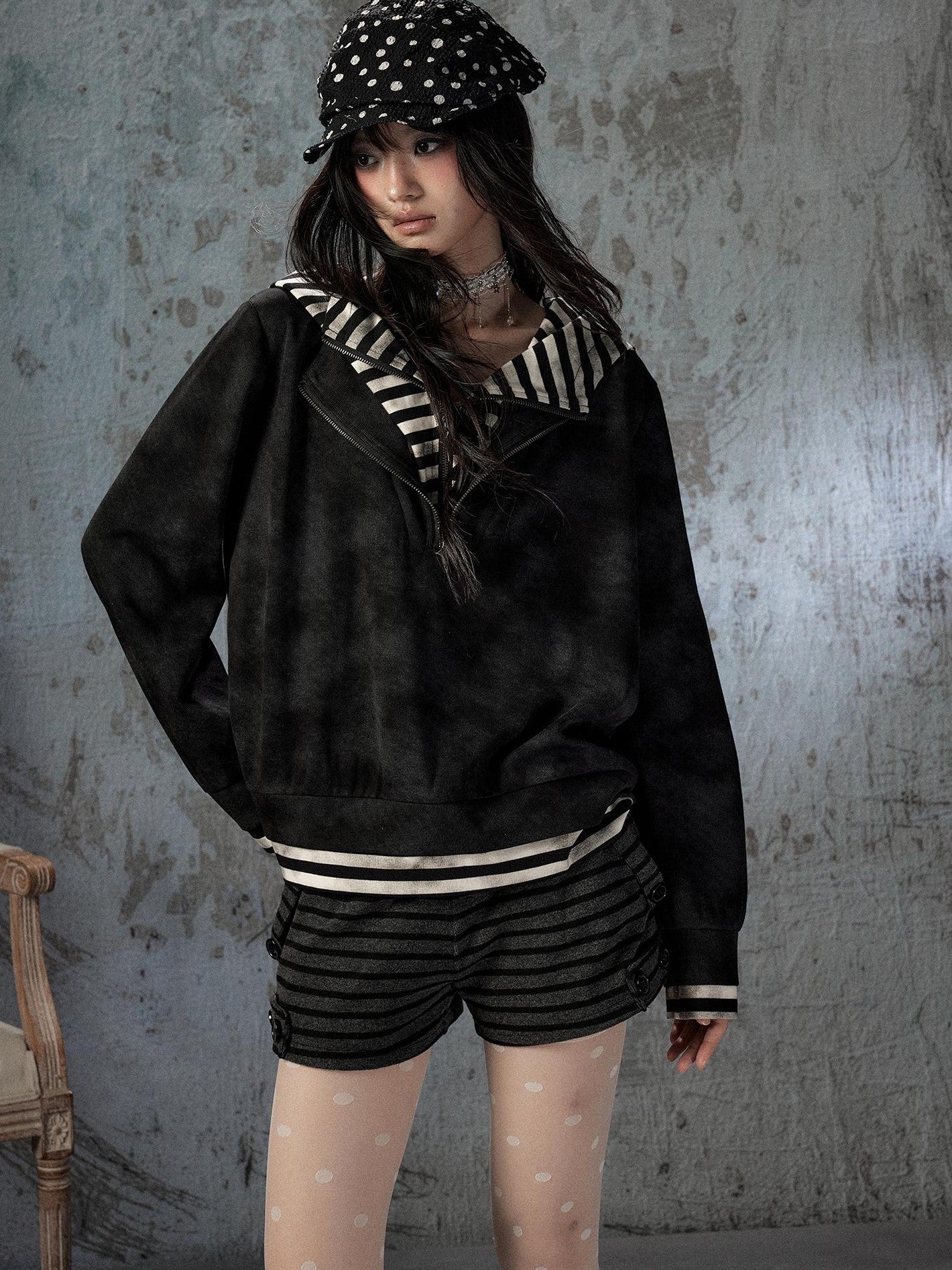 ALL iN plan Tie Dye Striped Half Zipper Loose Women&