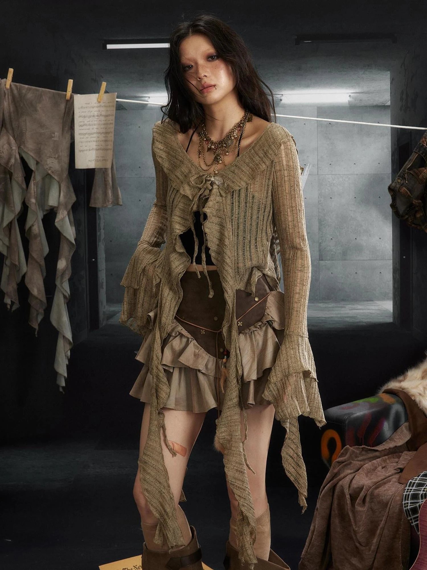 Underground Rock Musician Knit Cardigan V Neck T Shirt Long Sleeve