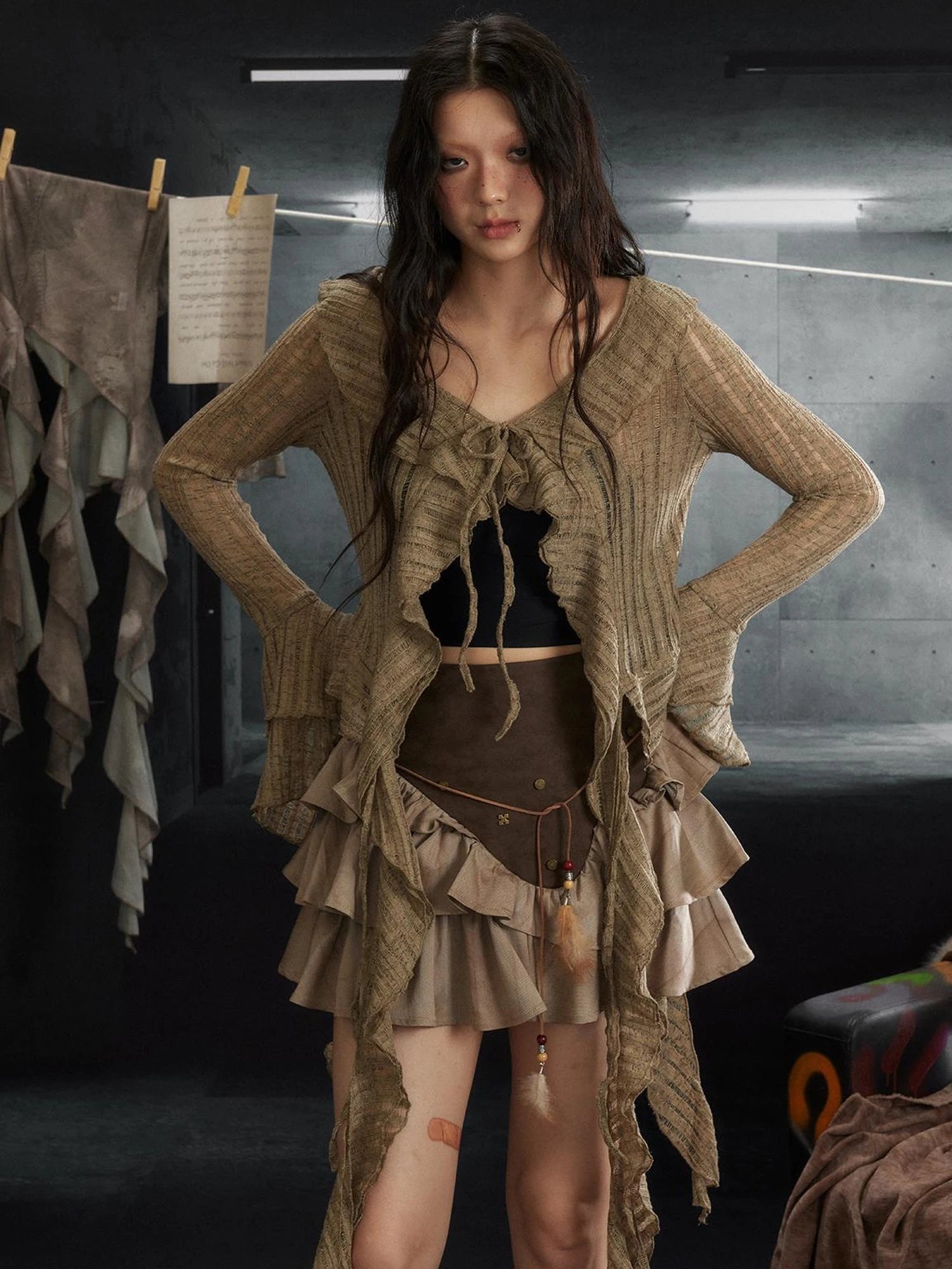 Underground Rock Musician Knit Cardigan V Neck T Shirt Long Sleeve