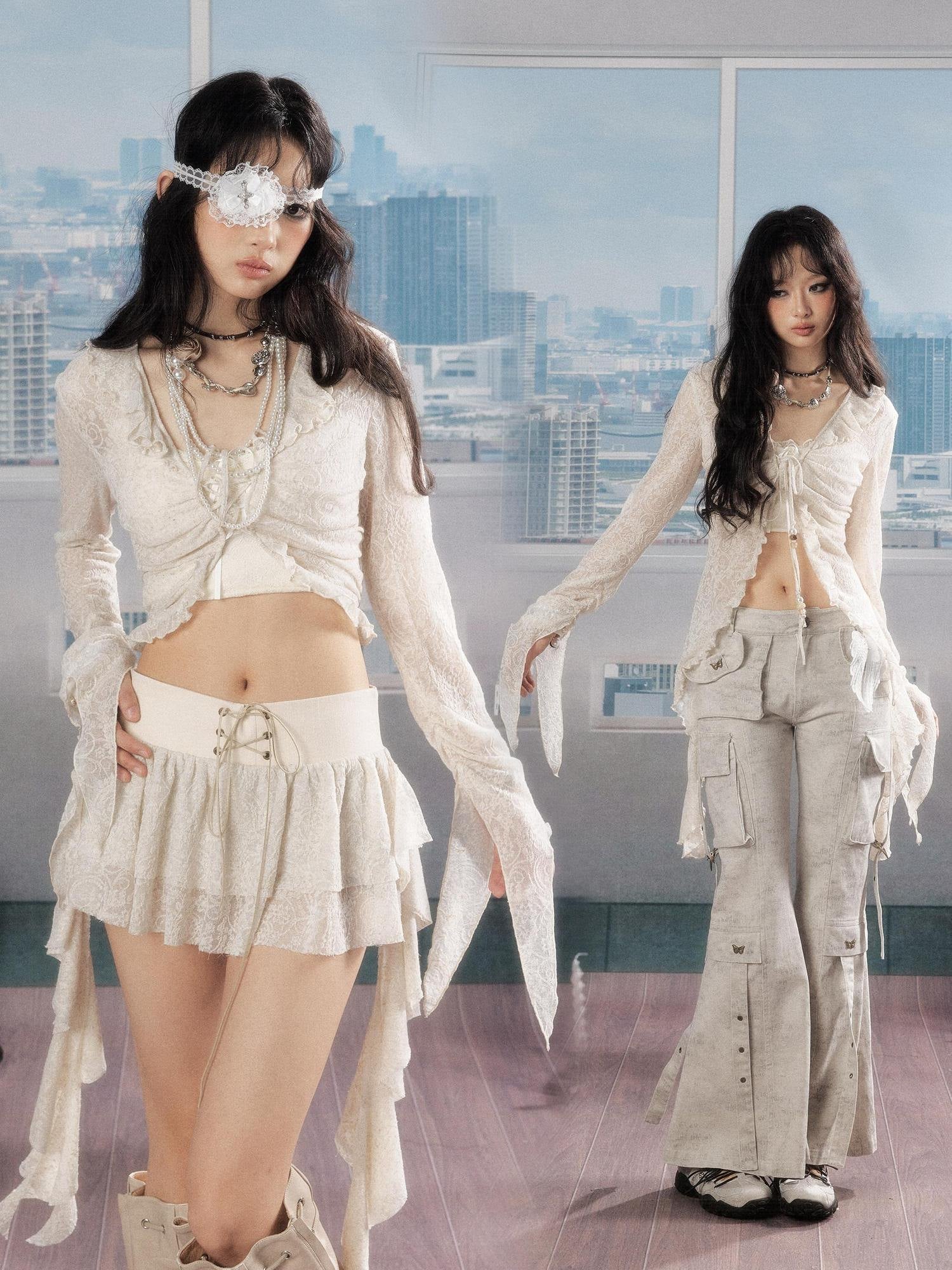 ALL iN plan Uv Protection Linen Ruffle V-neck Slim Fit Cropped Long Sleeve Ivory Blouses