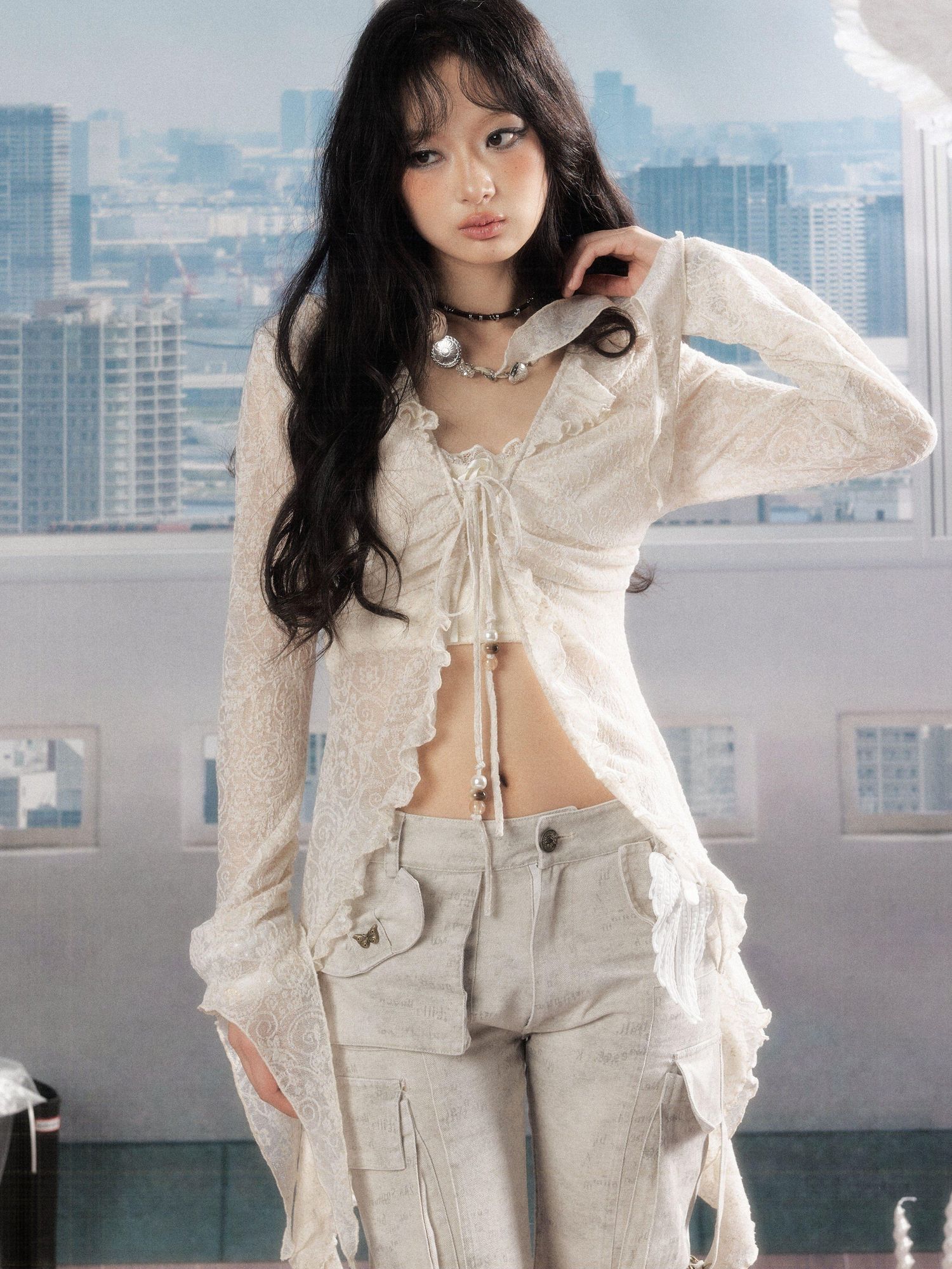 ALL iN plan Uv Protection Linen Ruffle V-neck Slim Fit Cropped Long Sleeve Ivory Blouses
