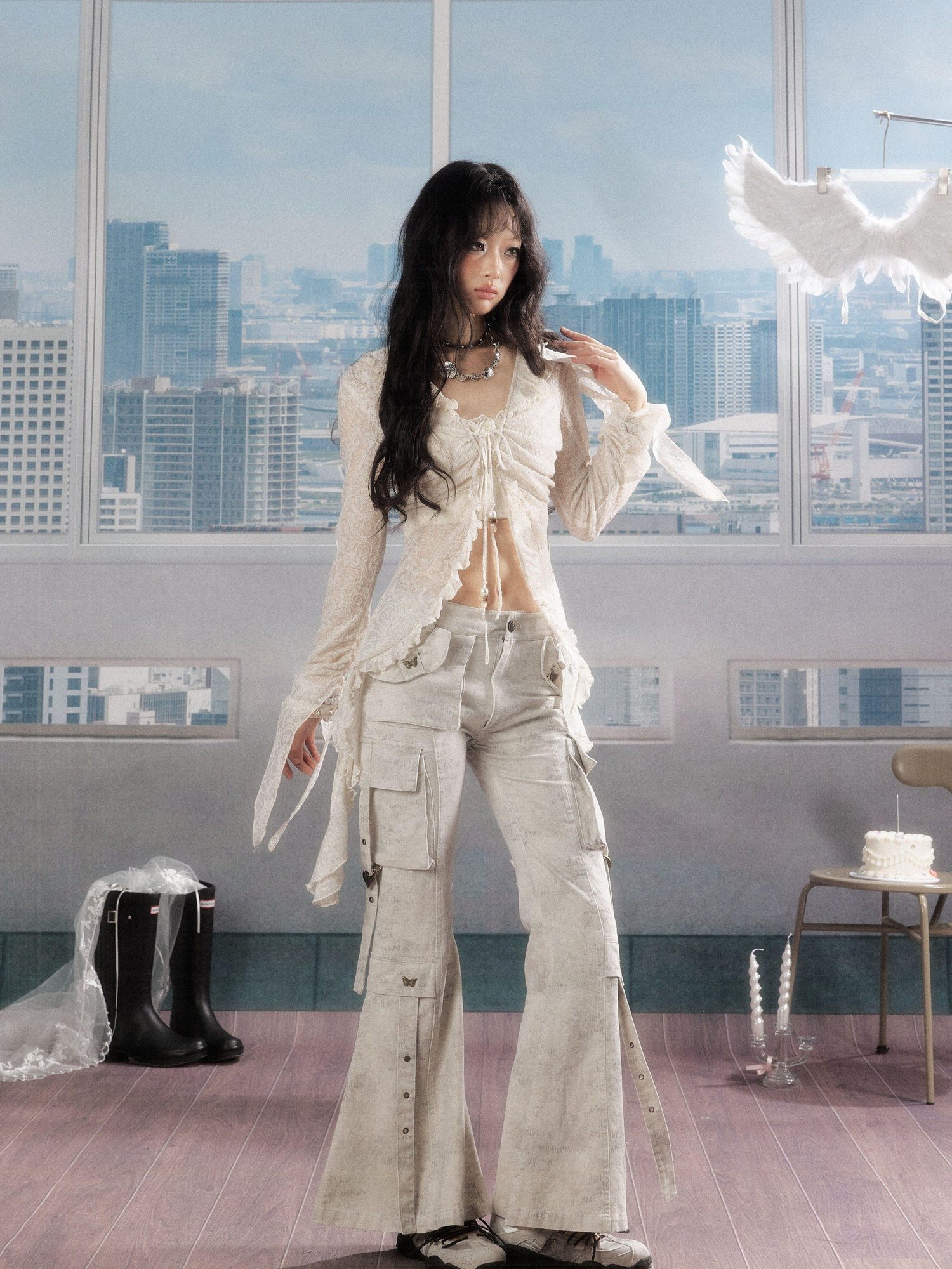 ALL iN plan Uv Protection Linen Ruffle V-neck Slim Fit Cropped Long Sleeve Ivory Blouses
