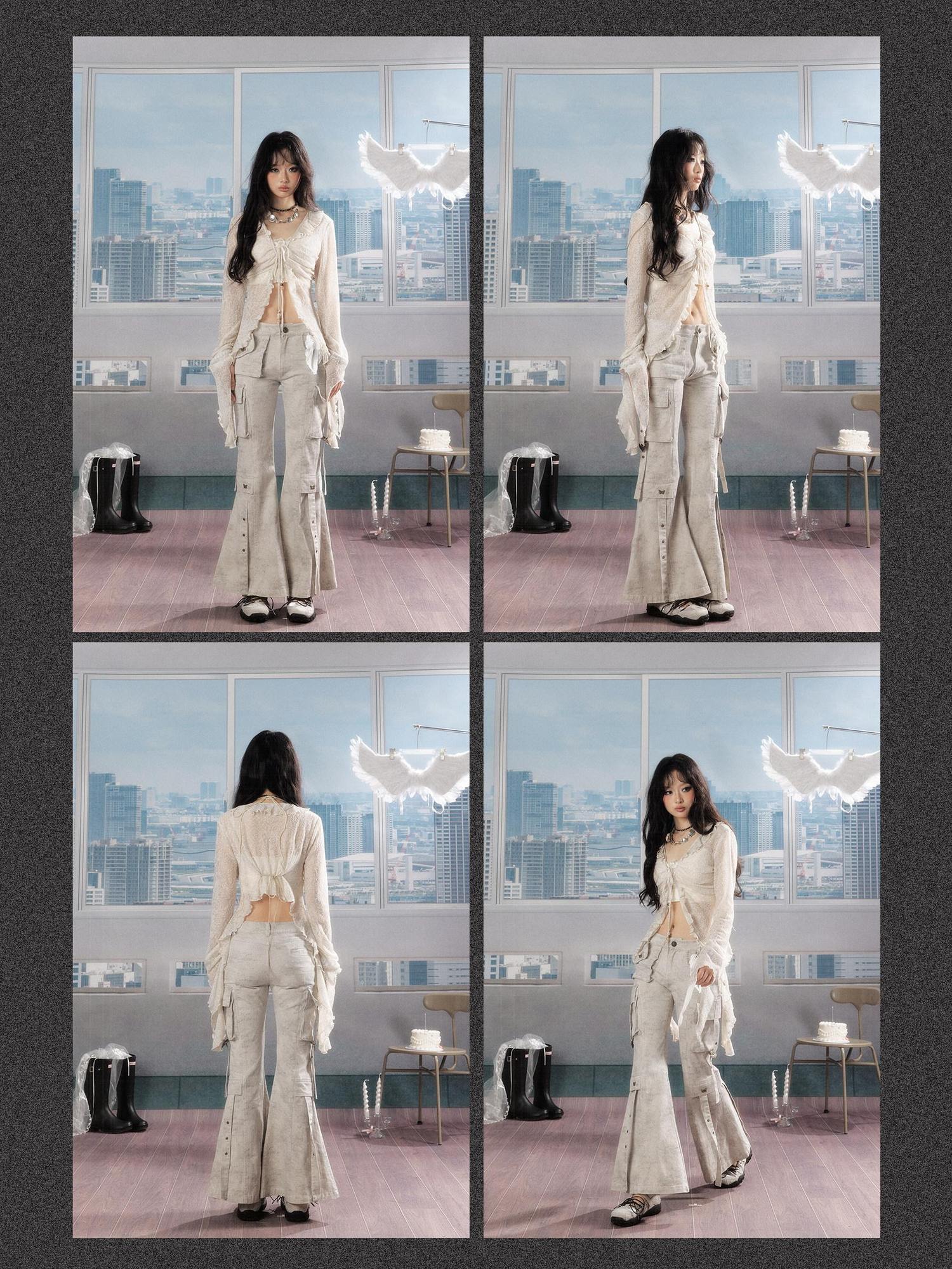 ALL iN plan Uv Protection Linen Ruffle V-neck Slim Fit Cropped Long Sleeve Ivory Blouses