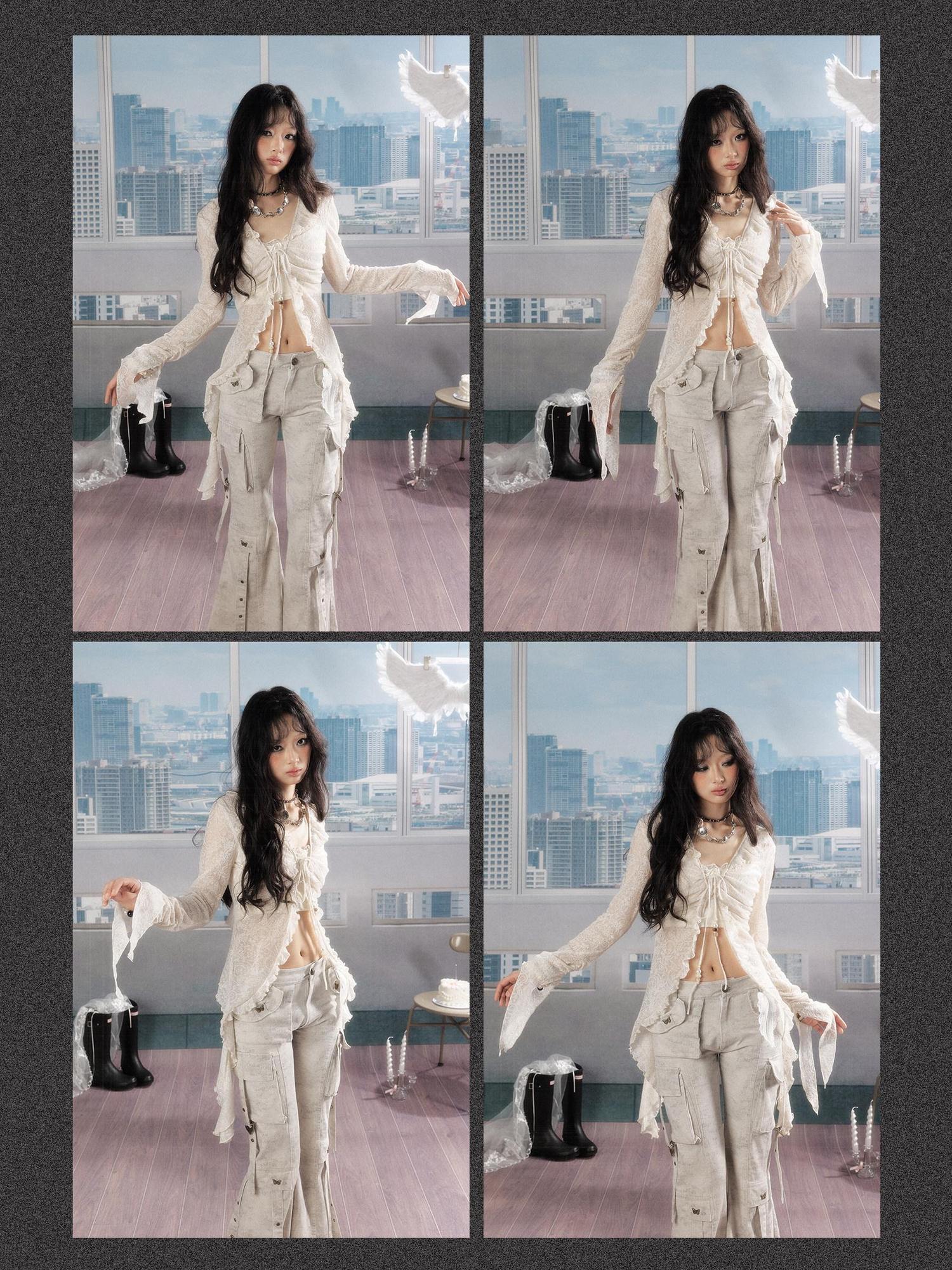 ALL iN plan Uv Protection Linen Ruffle V-neck Slim Fit Cropped Long Sleeve Ivory Blouses
