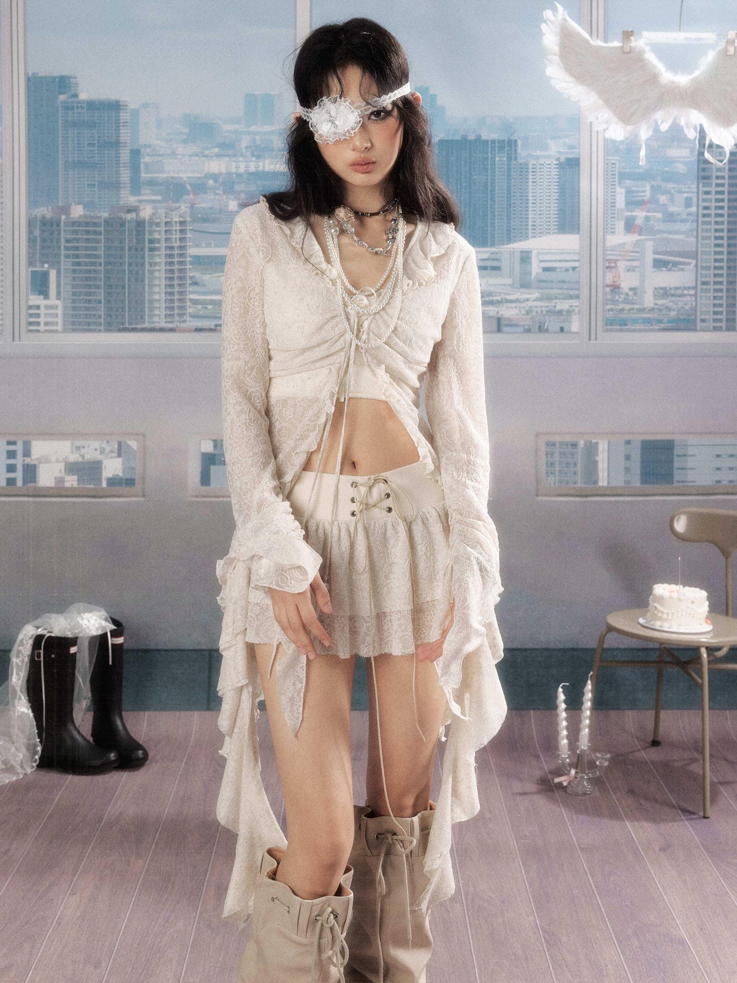 ALL iN plan Uv Protection Linen Ruffle V-neck Slim Fit Cropped Long Sleeve Ivory Blouses