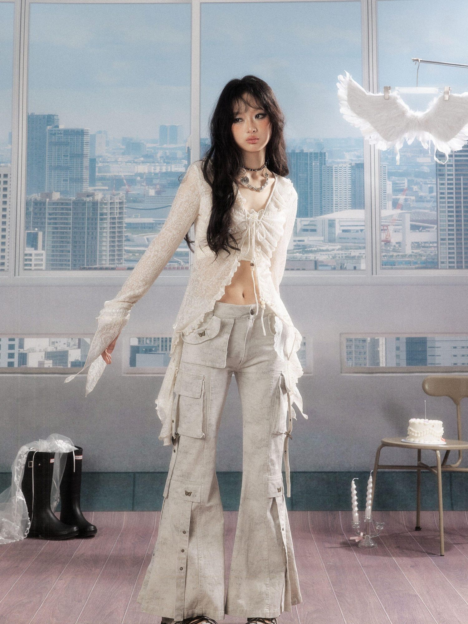 ALL iN plan Uv Protection Linen Ruffle V-neck Slim Fit Cropped Long Sleeve Ivory Blouses
