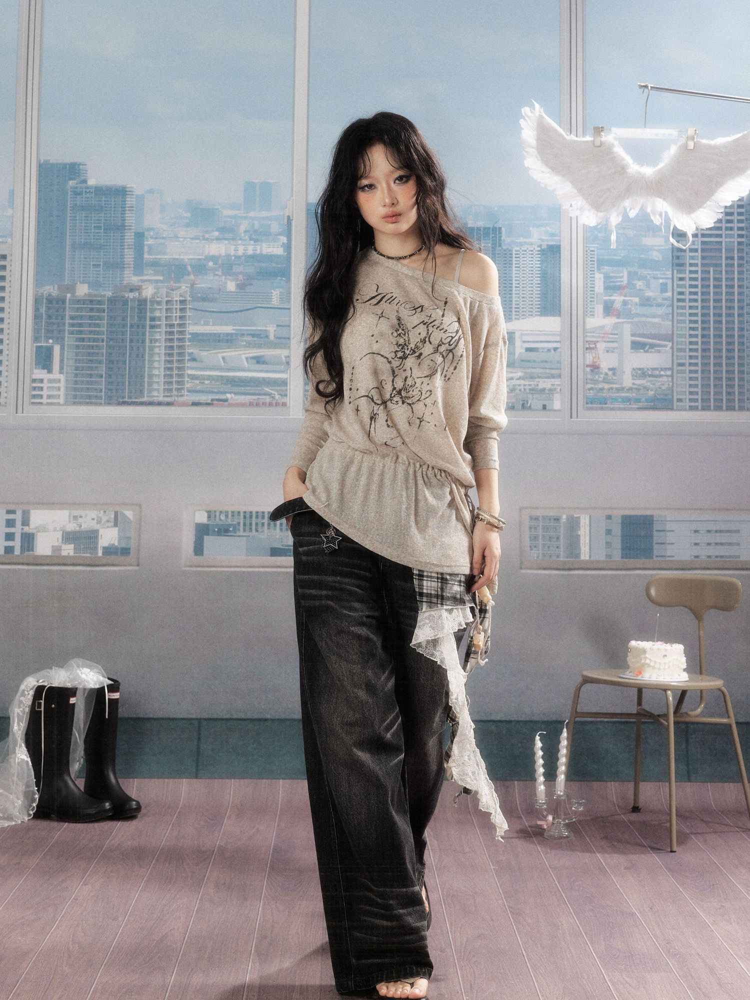 ALL iN plan Uv Protective Loose A Line Sleeve Slanted Neck Women Khaki Long Sleeve T-Shirts
