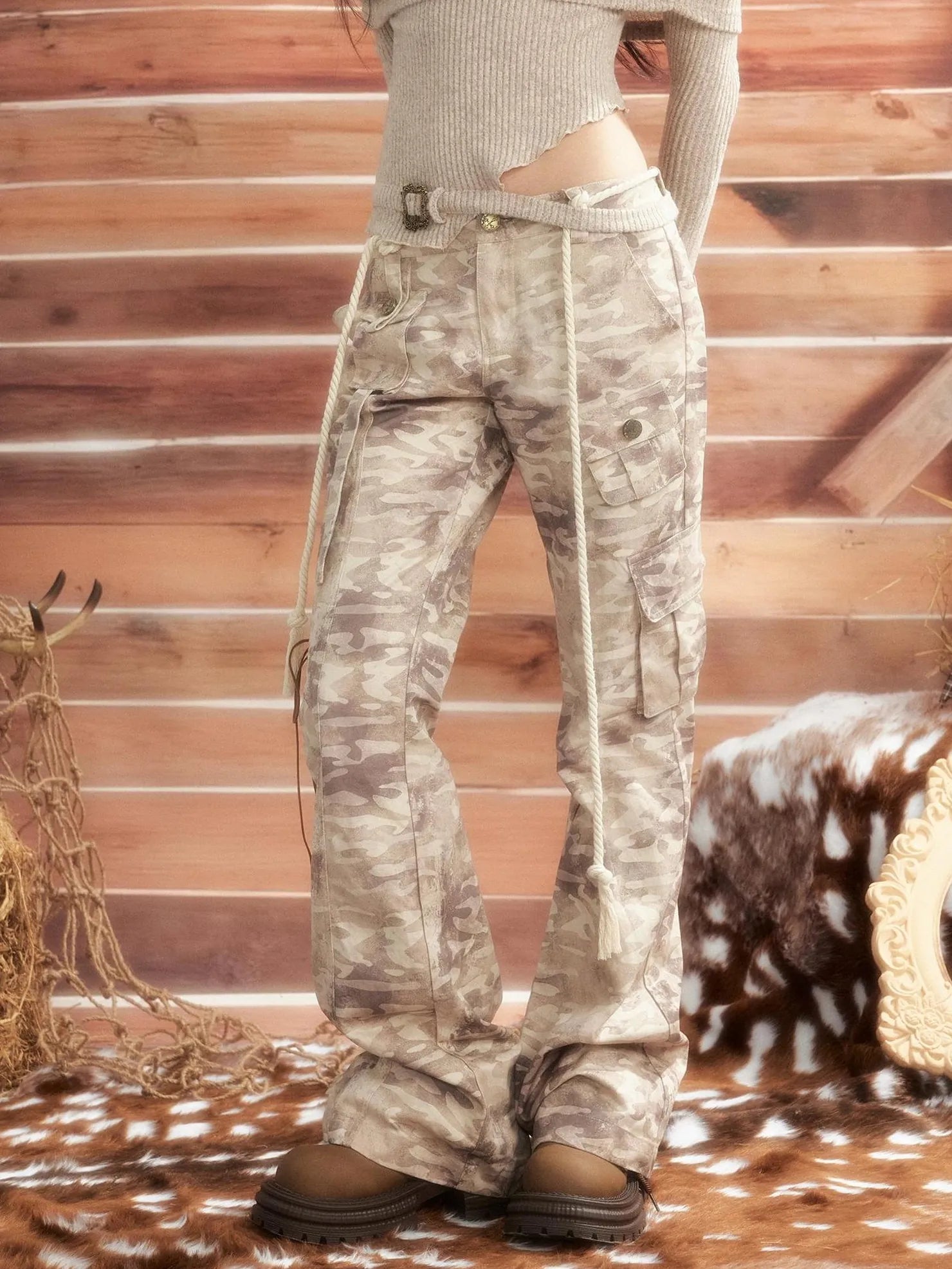 ALL iN plan Vintage Camo Cargo Flare Pants Pants