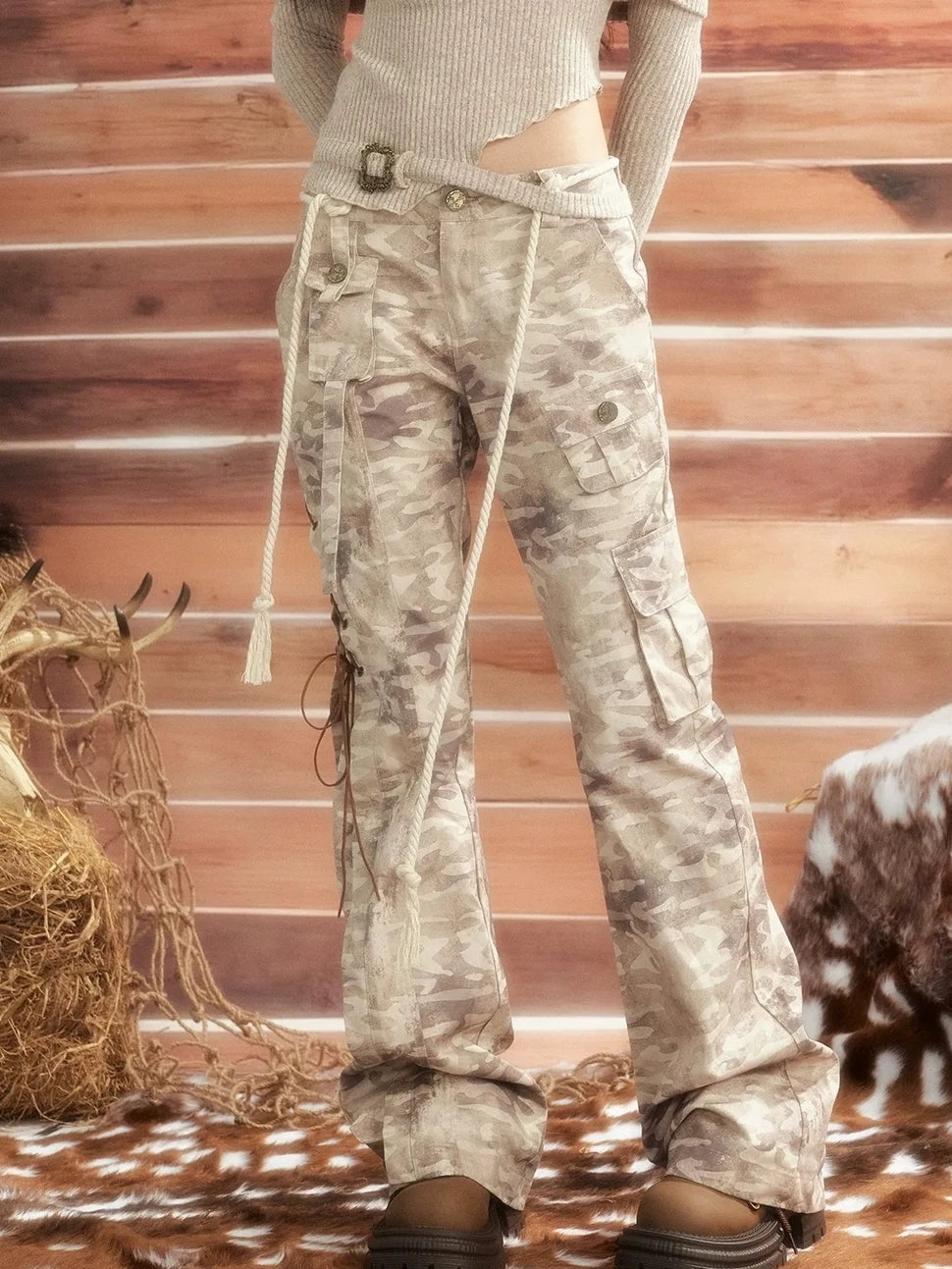 ALL iN plan Vintage Camo Cargo Flare Pants Pants