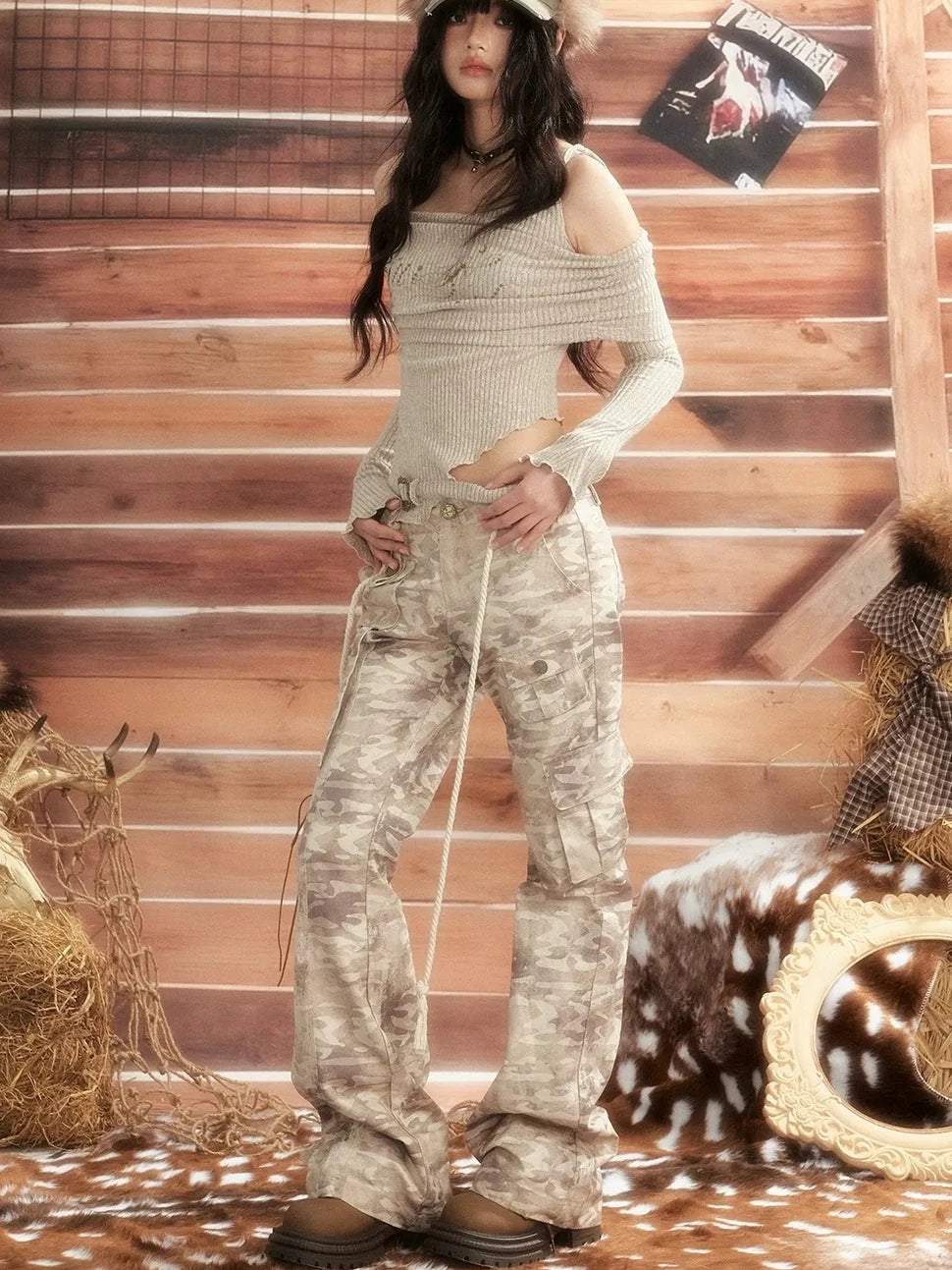 ALL iN plan Vintage Camo Cargo Flare Pants Pants