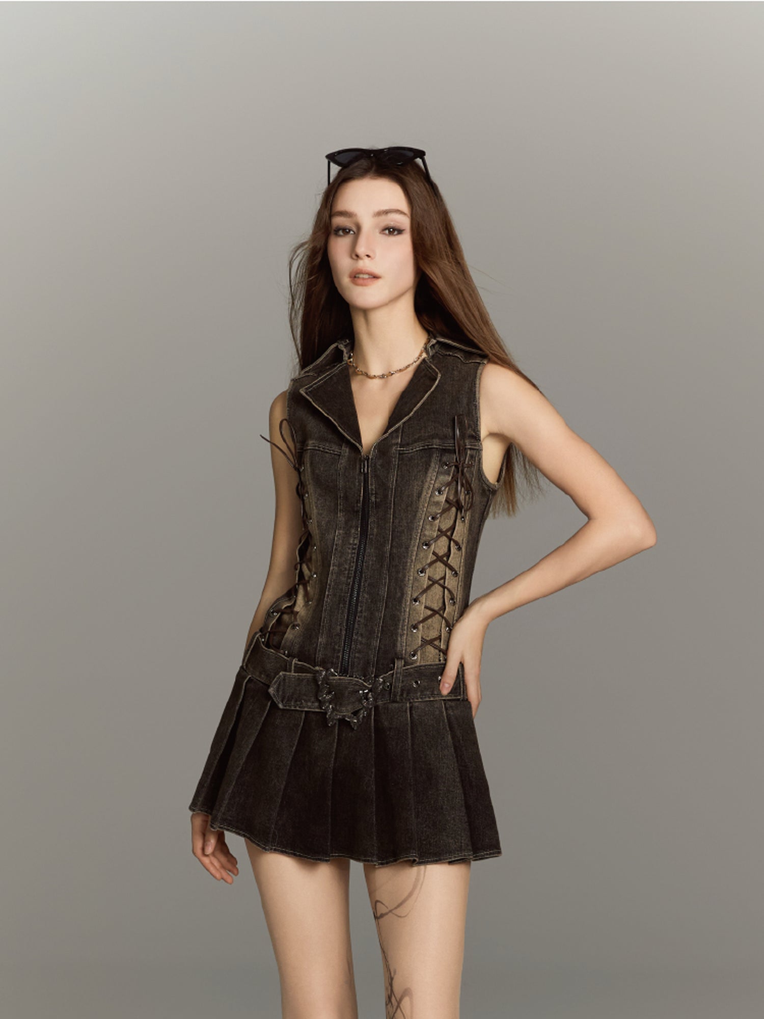 ALL iN plan Vintage Cowgirl Denim Mini Dress with Distressed Lace Up Butterfly Belt