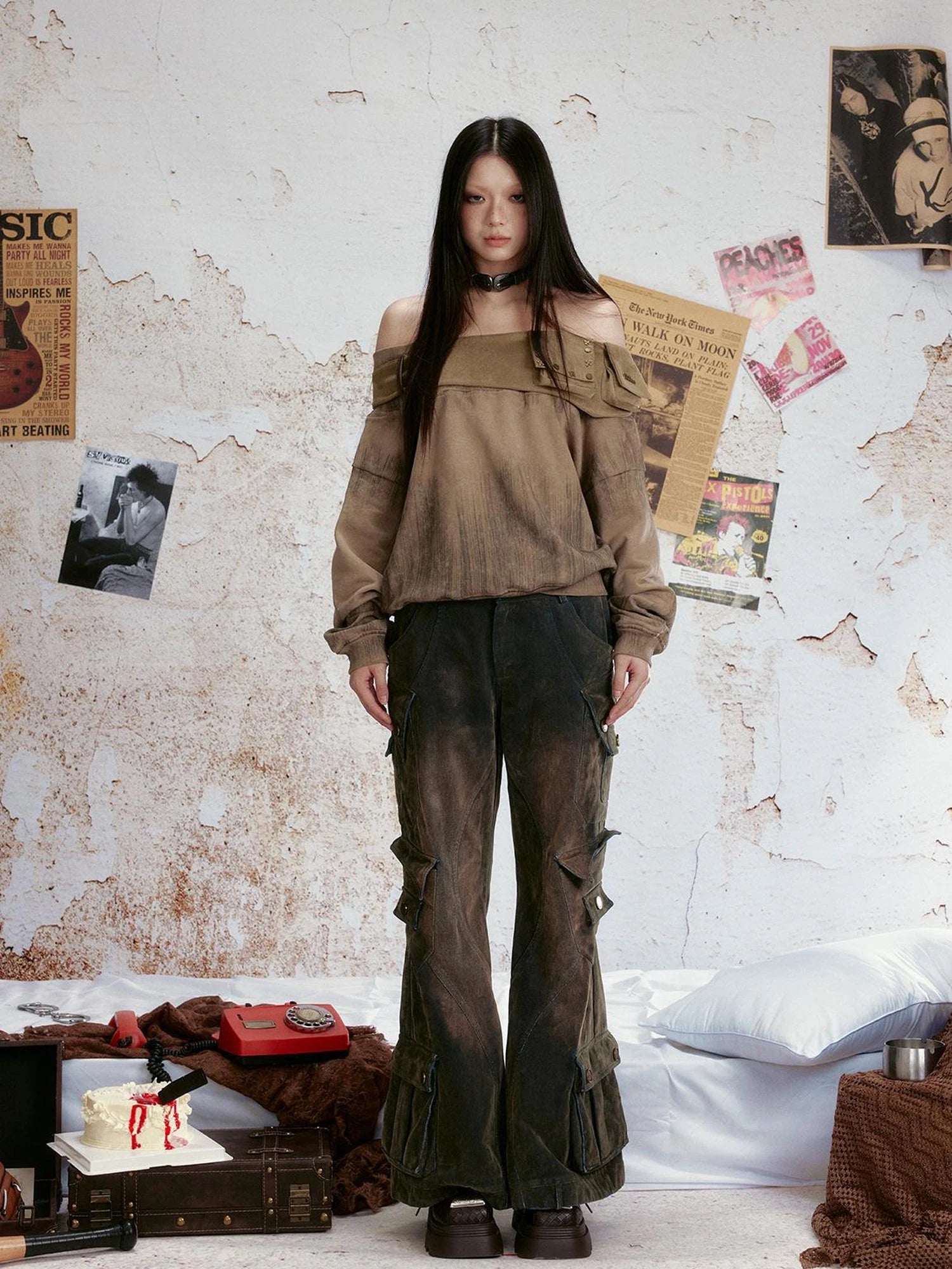 Vintage Distressed Two Way Shoulder Cut Out Hoodie