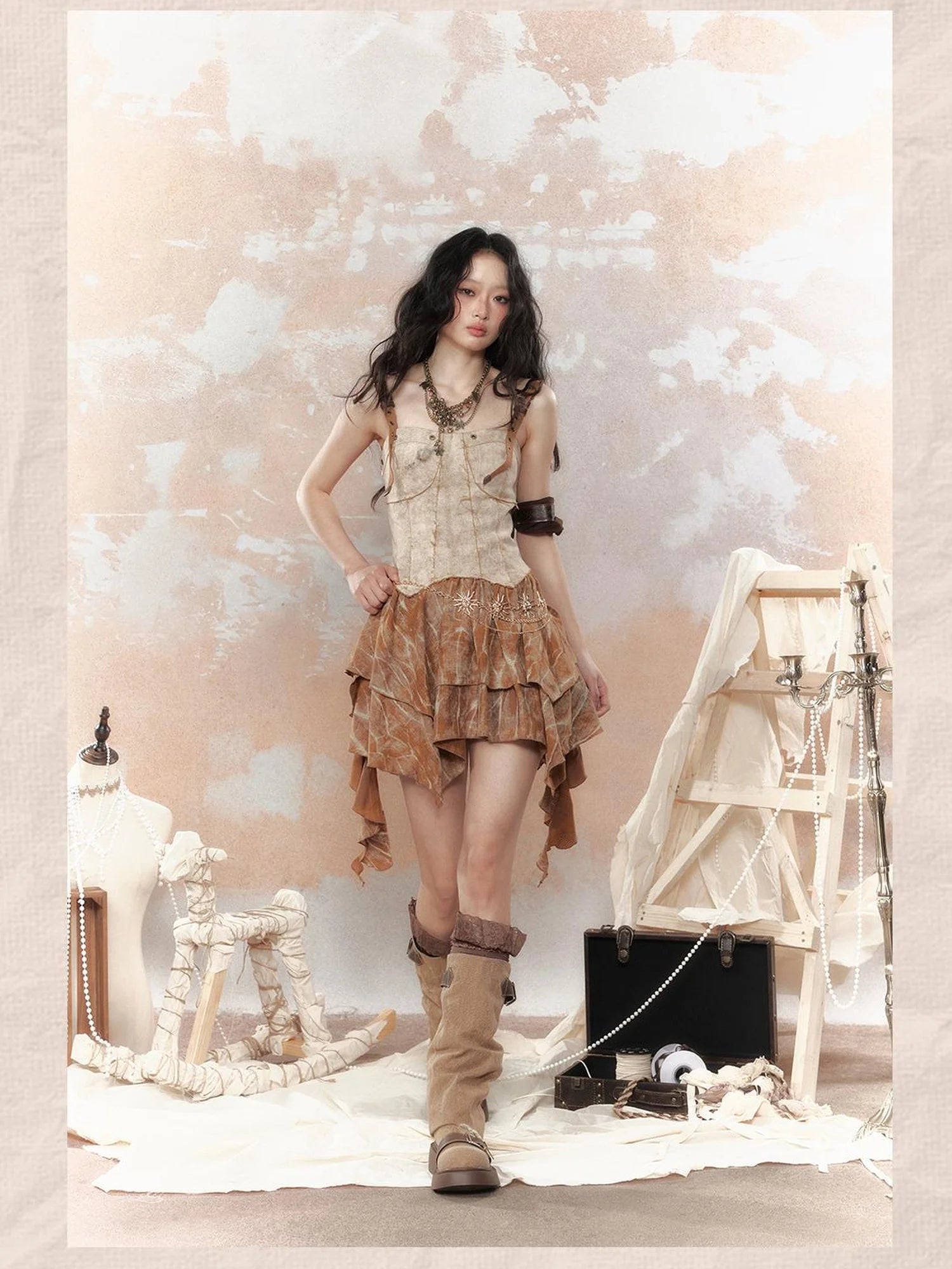 Vintage Dye Cotton Patchwork Slim Mini Dress V Neck T Shirt Long Sleeve