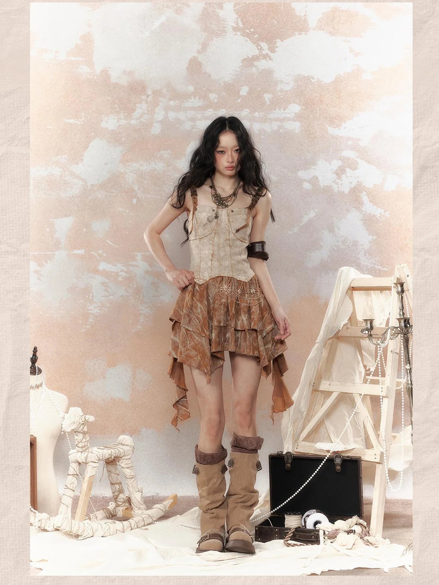 Vintage Dye Cotton Patchwork Slim Mini Dress V Neck T Shirt Long Sleeve