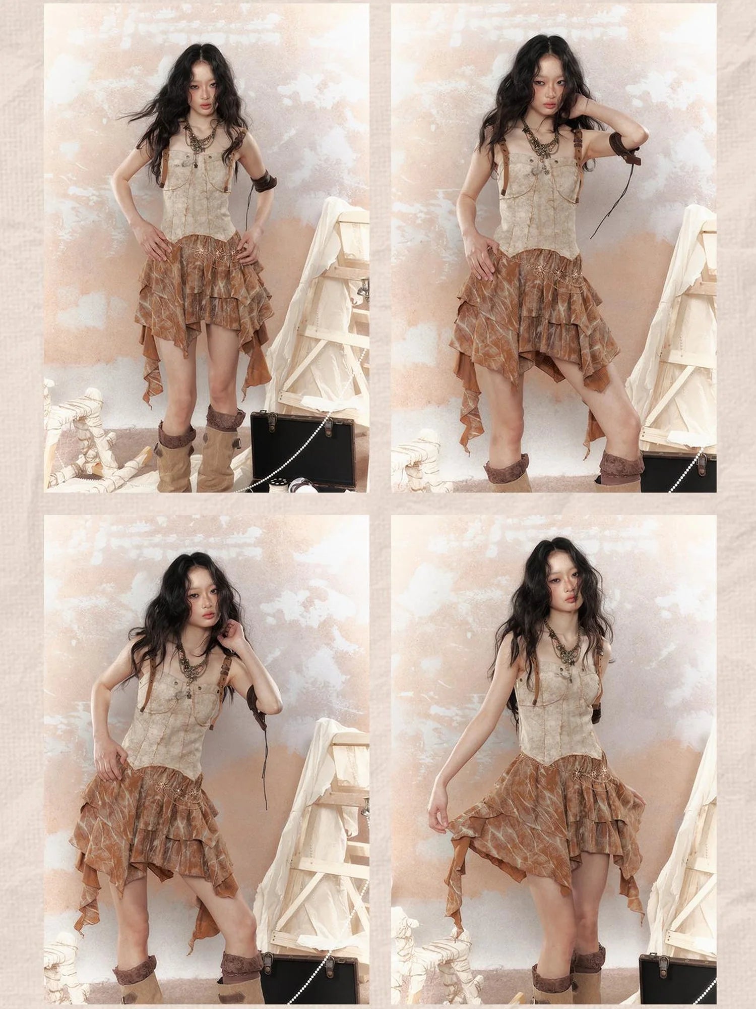 Vintage Dye Cotton Patchwork Slim Mini Dress V Neck T Shirt Long Sleeve