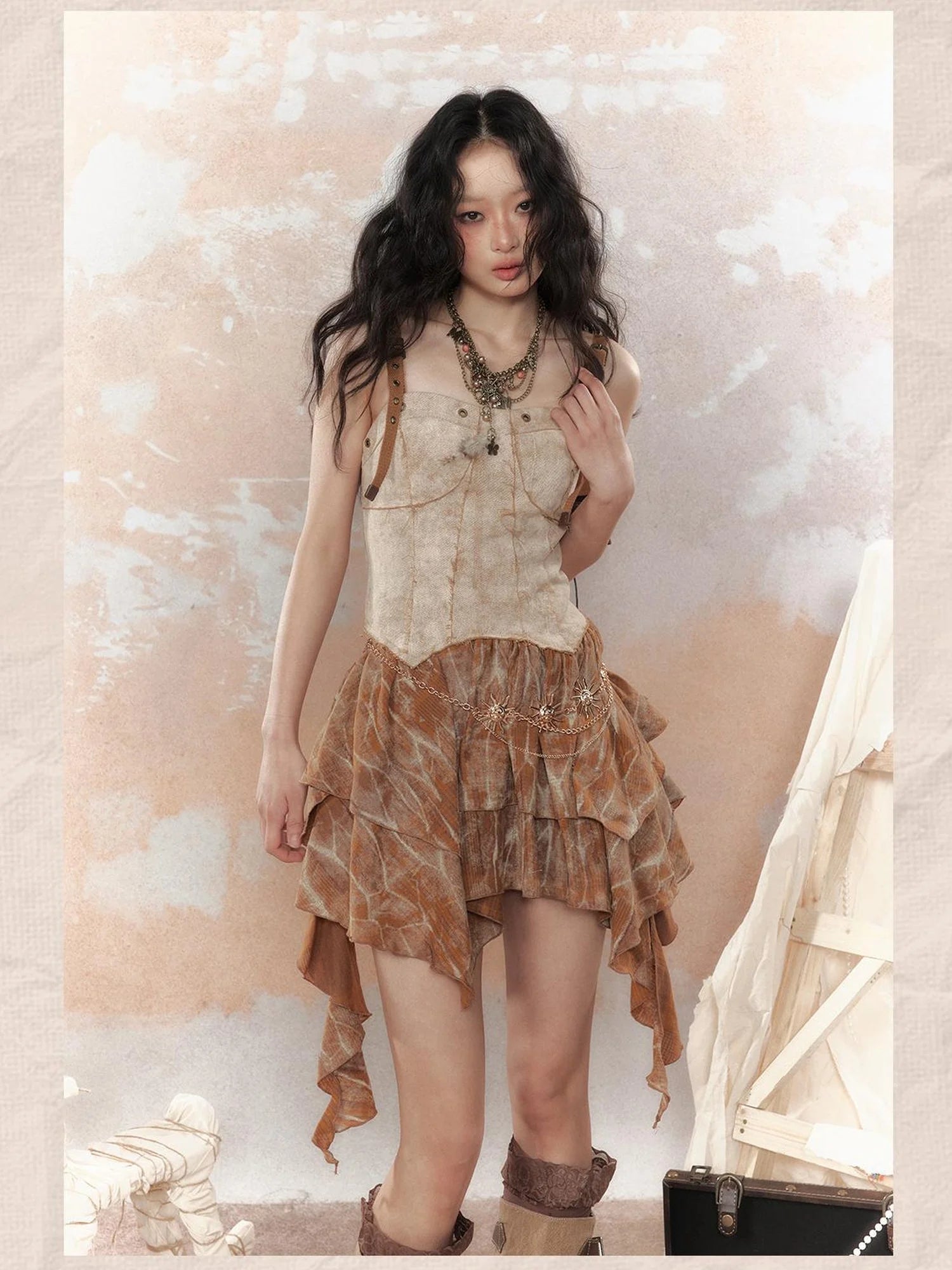 Vintage Dye Cotton Patchwork Slim Mini Dress V Neck T Shirt Long Sleeve