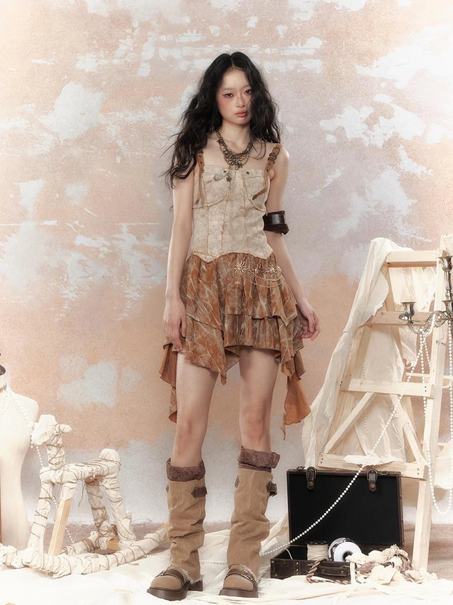 Vintage Dye Cotton Patchwork Slim Mini Dress V Neck T Shirt Long Sleeve