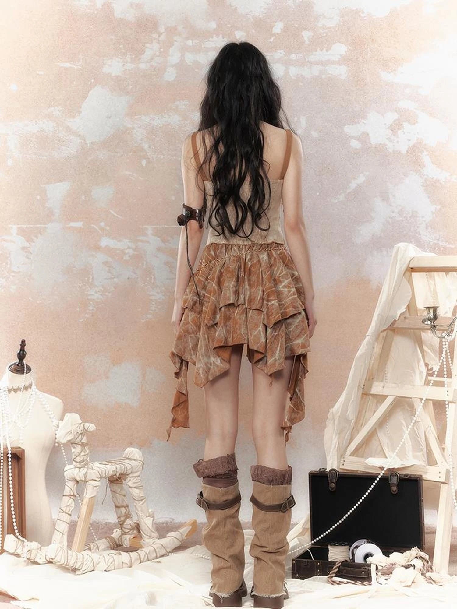 Vintage Dye Cotton Patchwork Slim Mini Dress V Neck T Shirt Long Sleeve