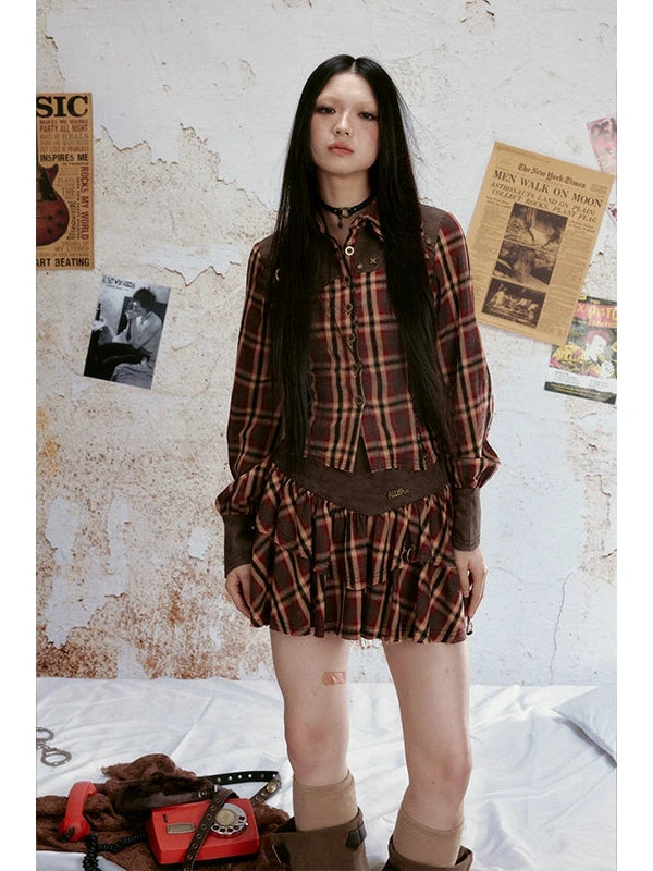 Vintage Plaid Lace Up Back Shirt Tiered Skirt Set