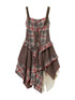 Vintage Plaid Mesh Asymmetrical Adjustable Strap V Neck Dress