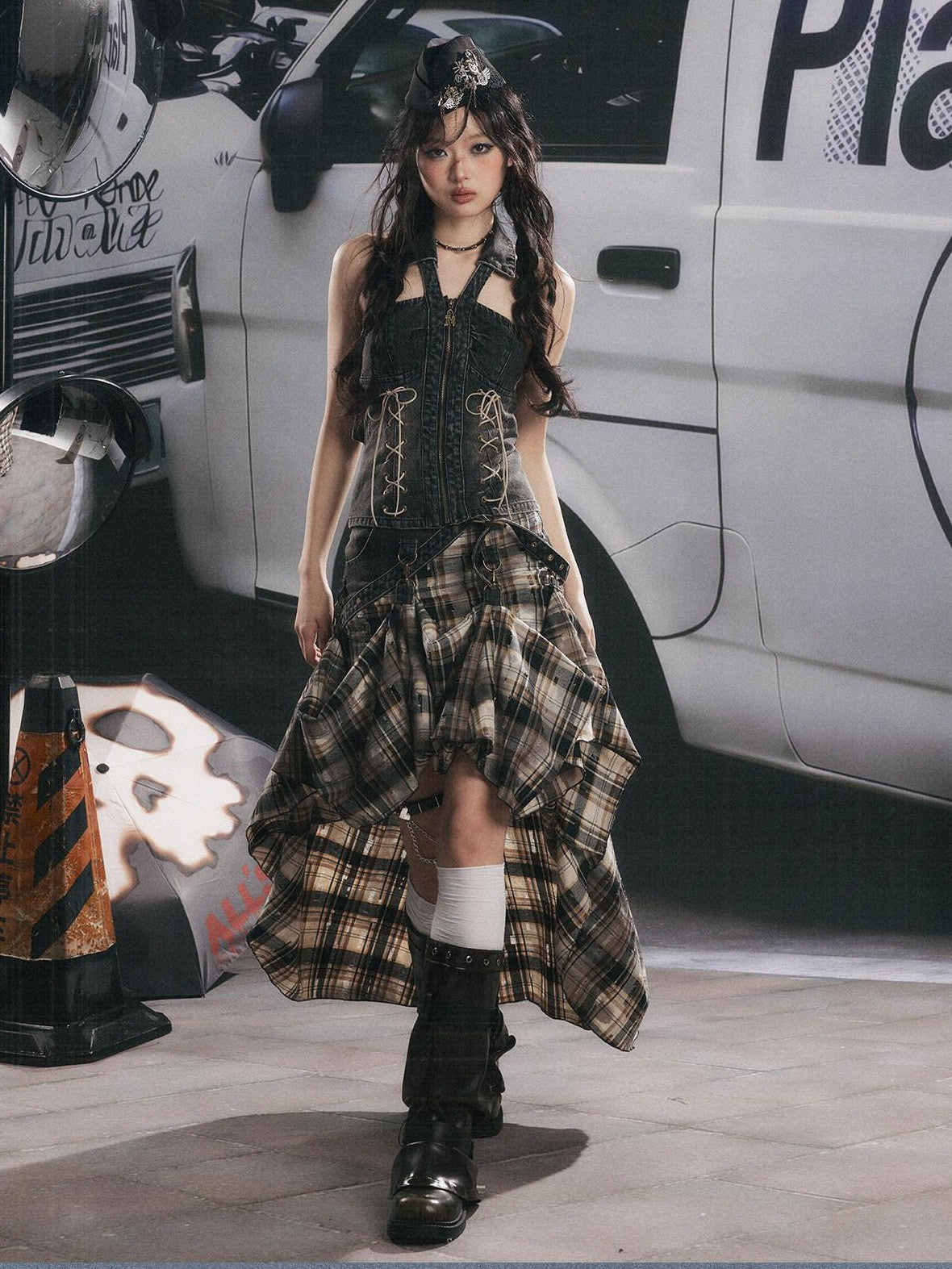 ALL iN plan Vintage Plaid Patchwork Asymmetric Women&