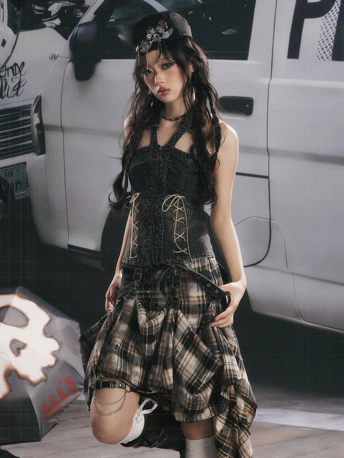 ALL iN plan Vintage Plaid Patchwork Asymmetric Women&