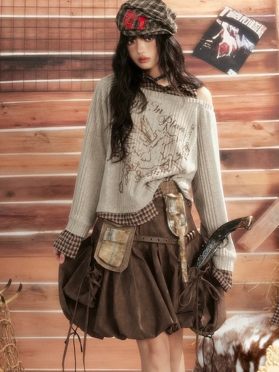 ALL iN plan Vintage Plaid Patchwork Slouchy Off Shoulder Sweater Sweater