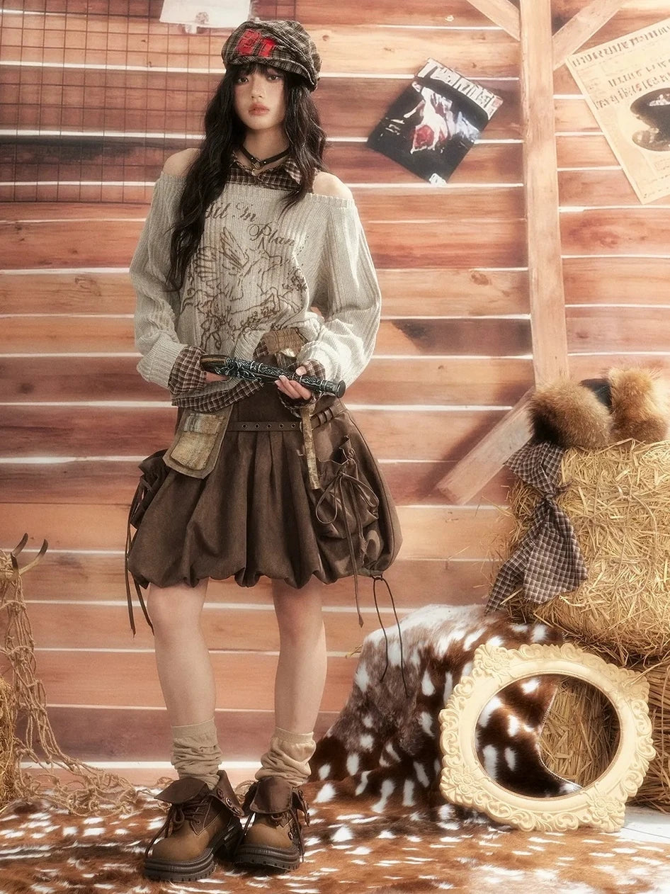 ALL iN plan Vintage Plaid Patchwork Slouchy Off Shoulder Sweater Sweater