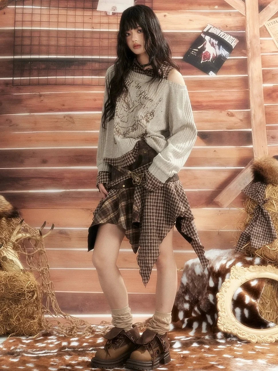 ALL iN plan Vintage Plaid Patchwork Slouchy Off Shoulder Sweater Sweater