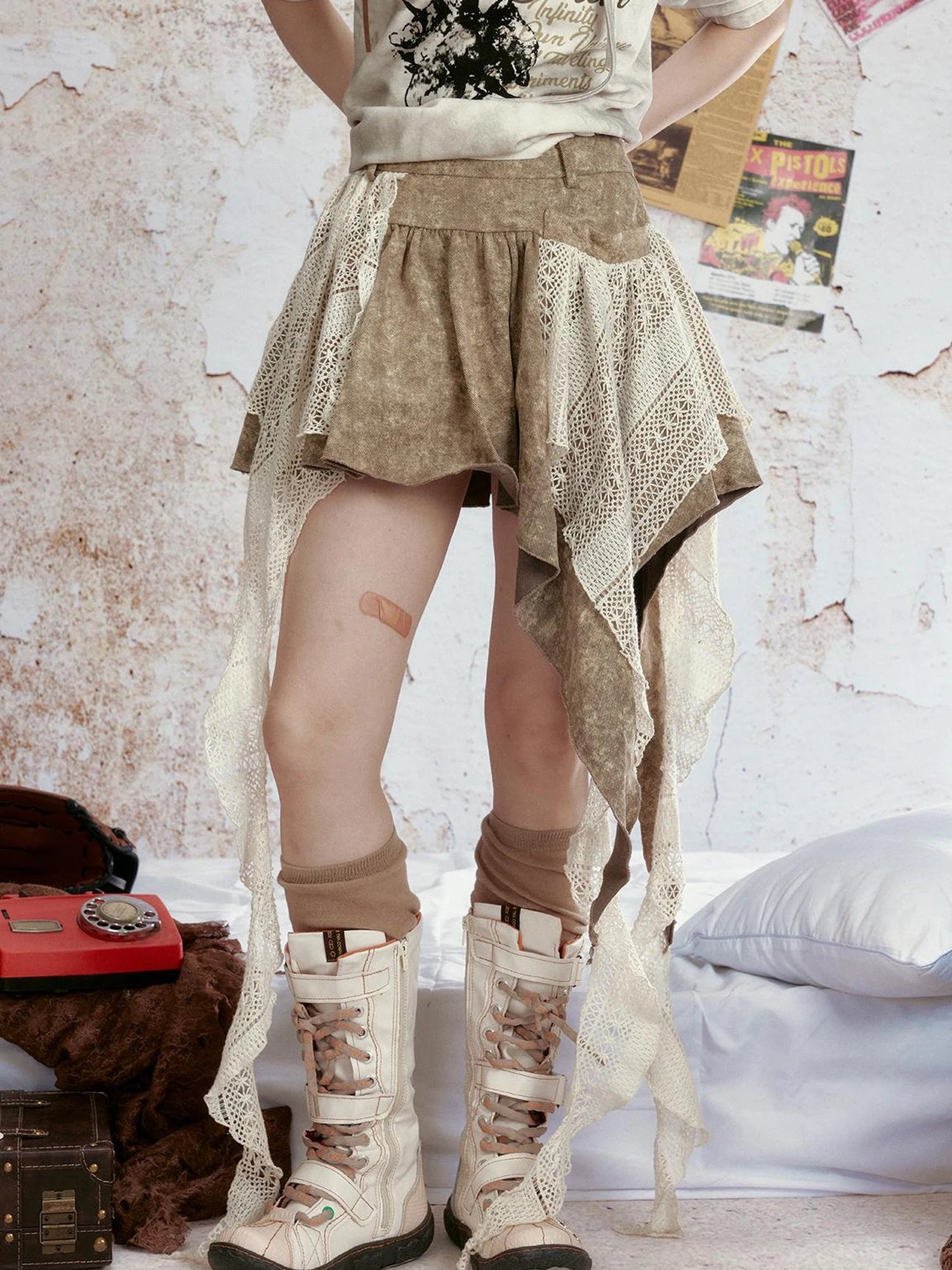 Vintage Tie Dye Denim Ruffle Hem Skirt