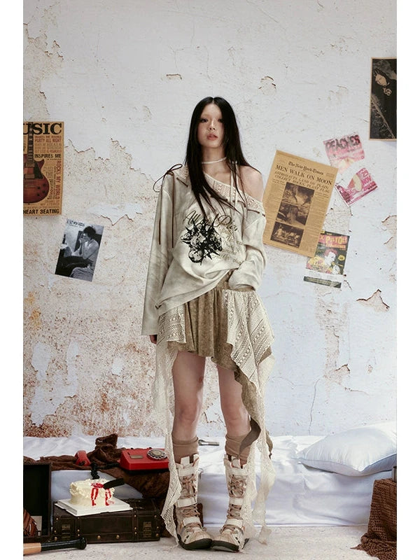 Vintage Tie Dye Denim Ruffle Hem Skirt