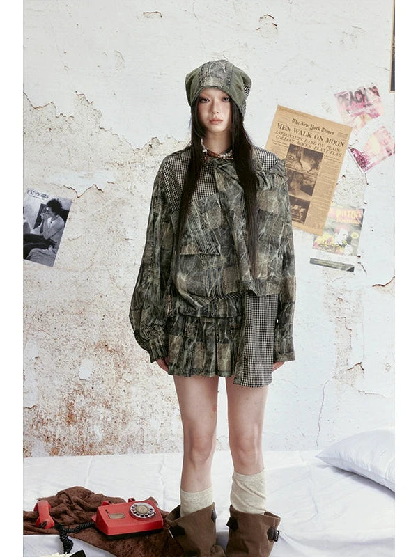 Vintage Tie Dye Plaid Shirt Skirt Set