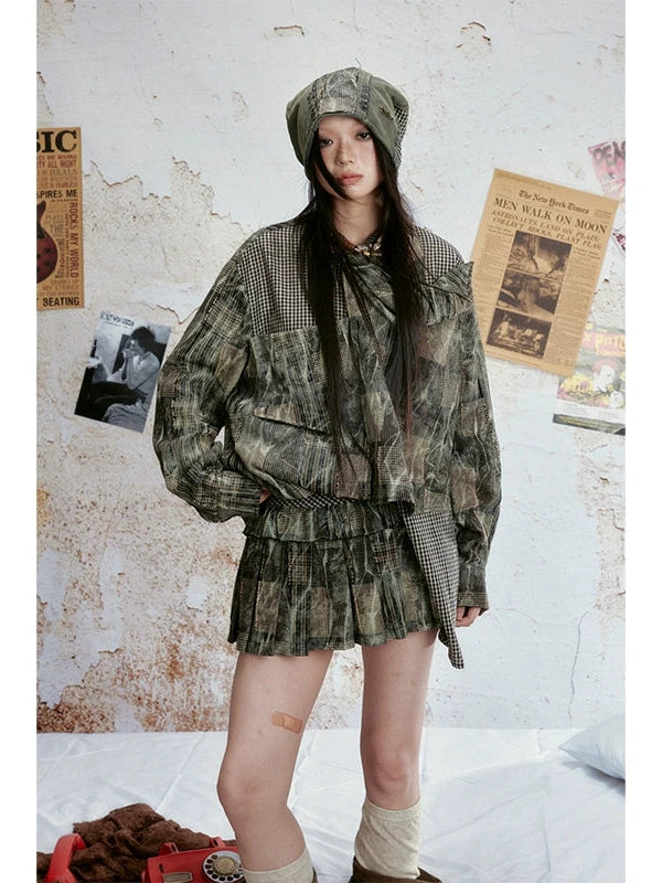 Vintage Tie Dye Plaid Shirt Skirt Set