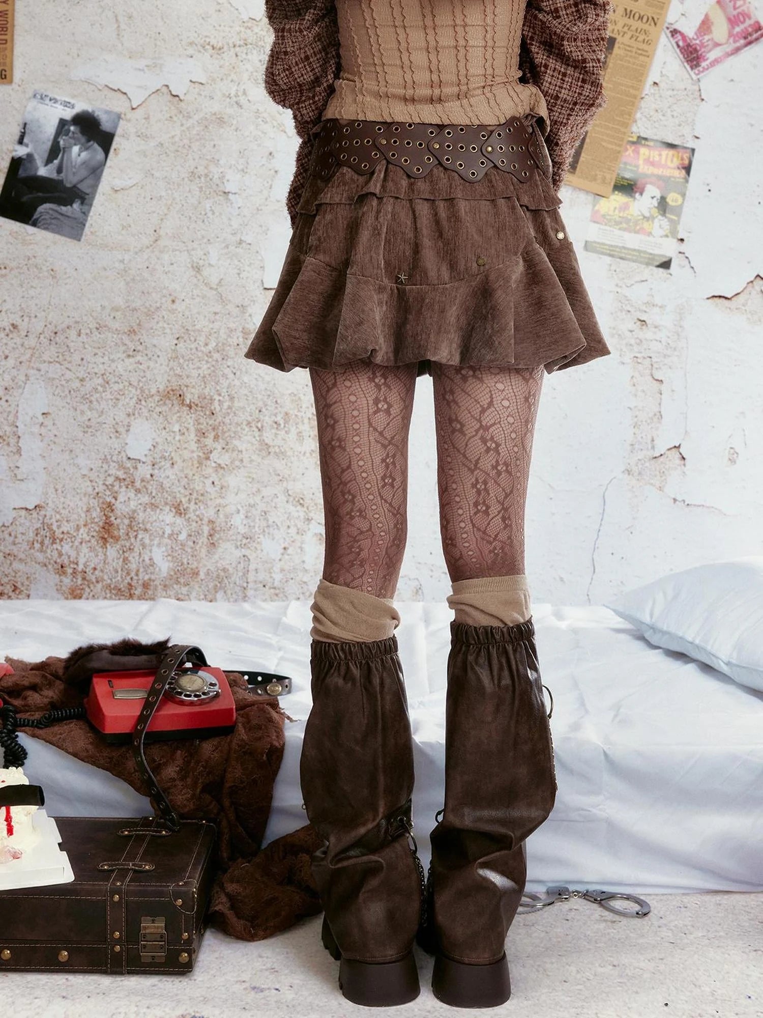 Vintage Velvet Studded Cake Puff Skirt With Belt