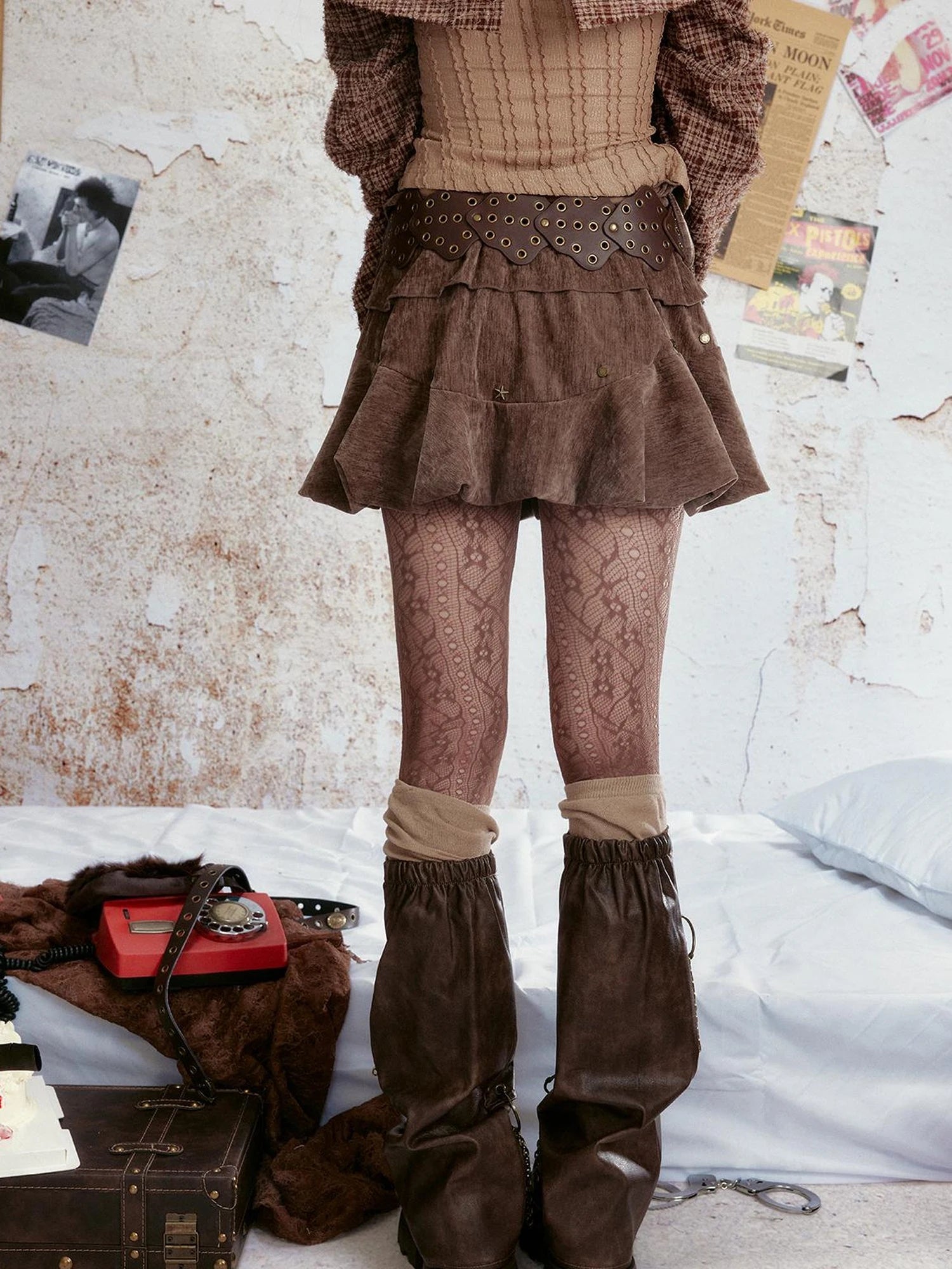 Vintage Velvet Studded Cake Puff Skirt With Belt