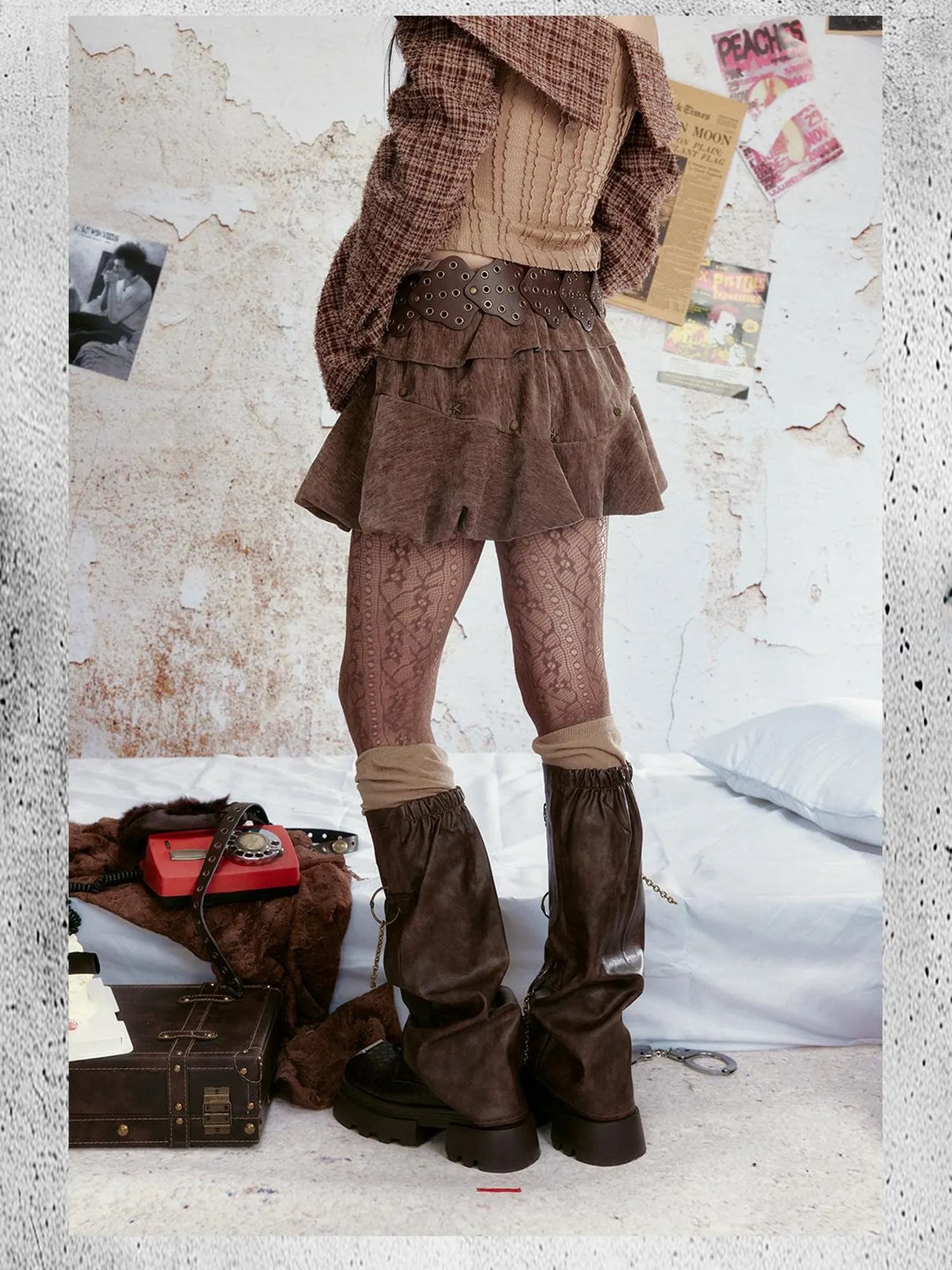 Vintage Velvet Studded Cake Puff Skirt With Belt