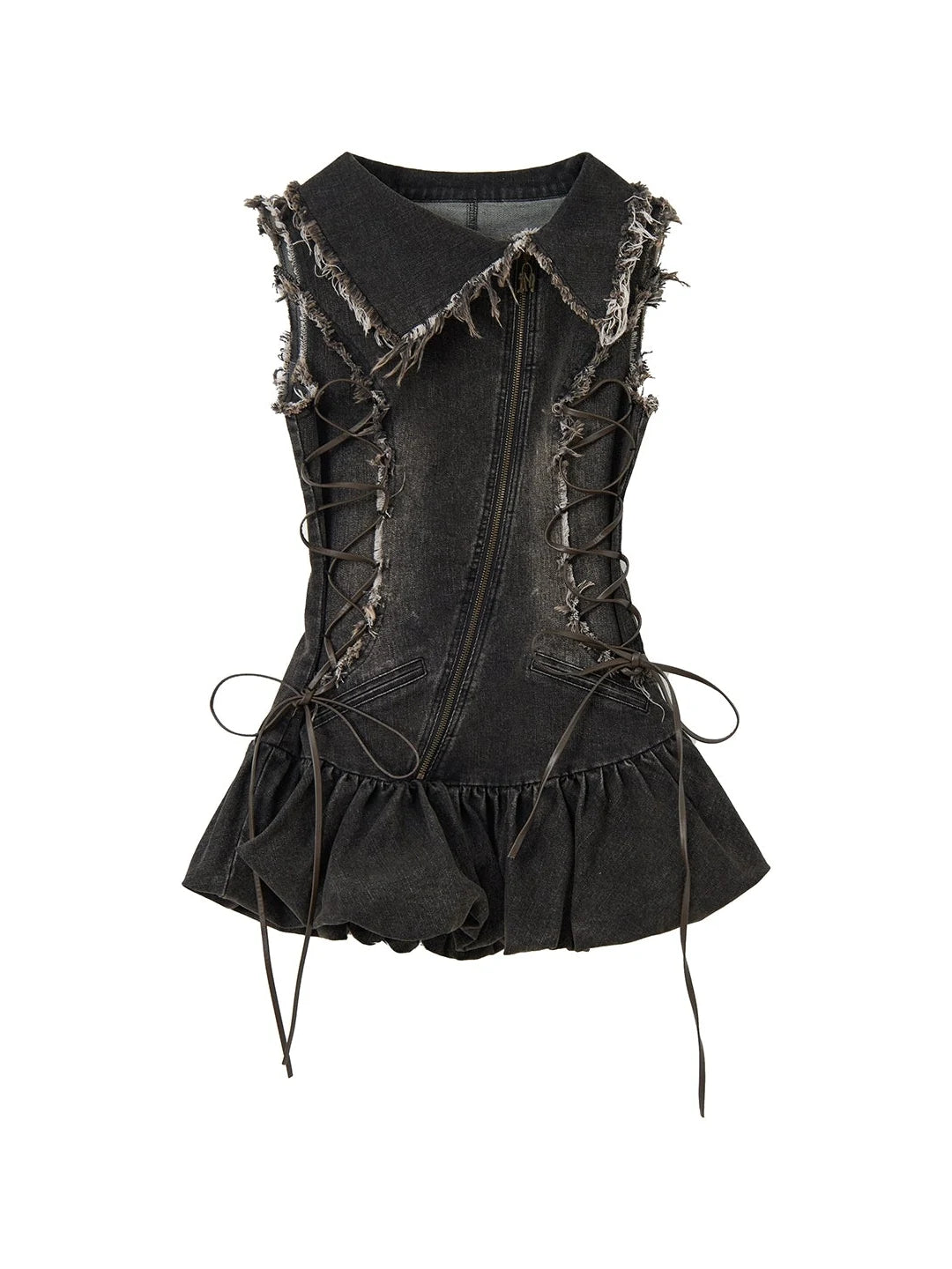 Vintage Washed Distressed Drawstring Denim Mini Dress