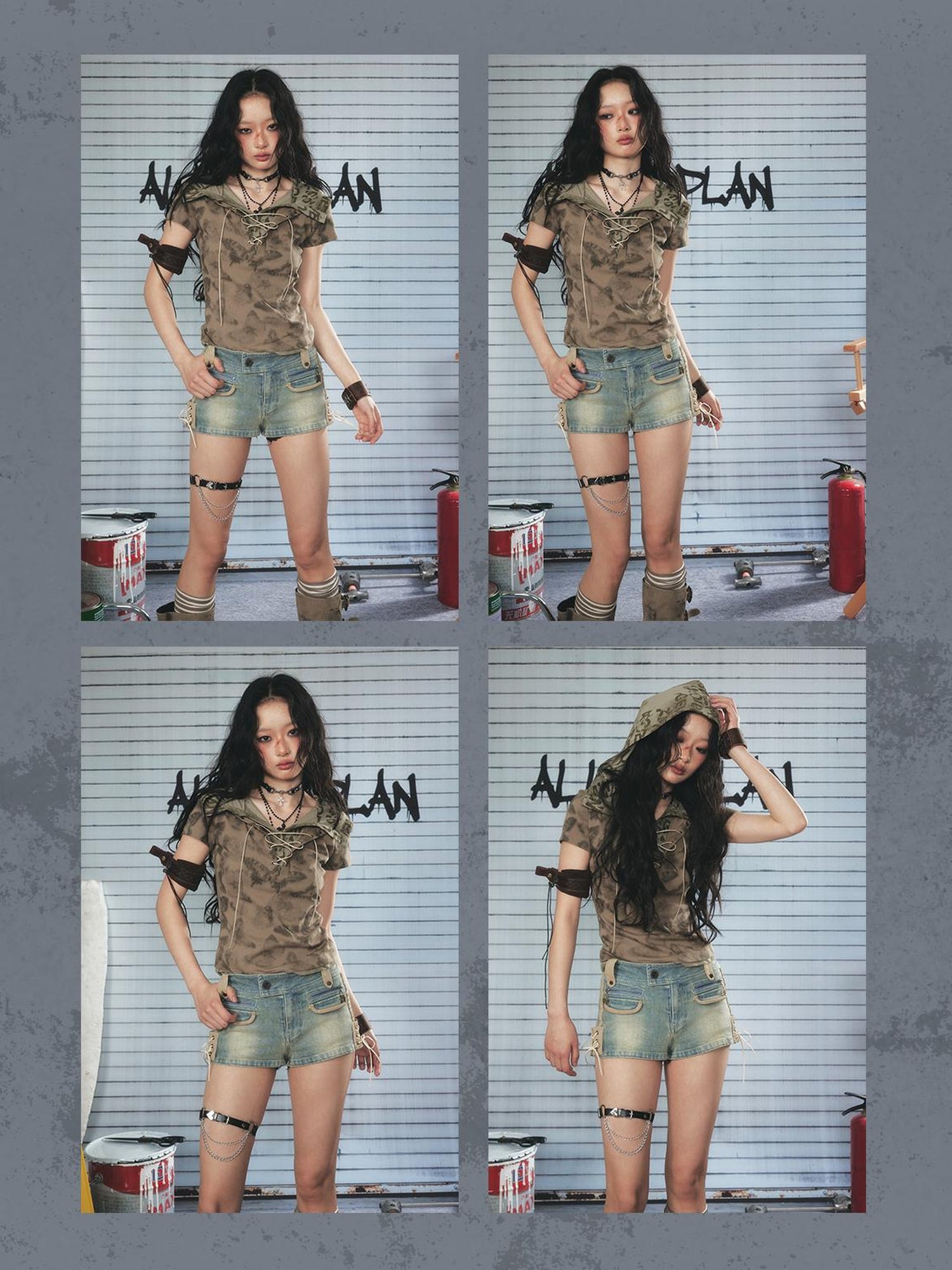 ALL iN plan Vintage Washed Punk Denim Shorts